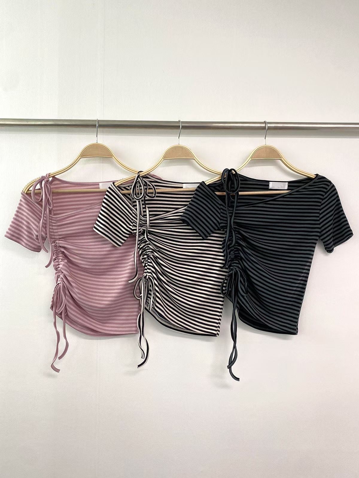 韓國間條斜膊綁帶Top