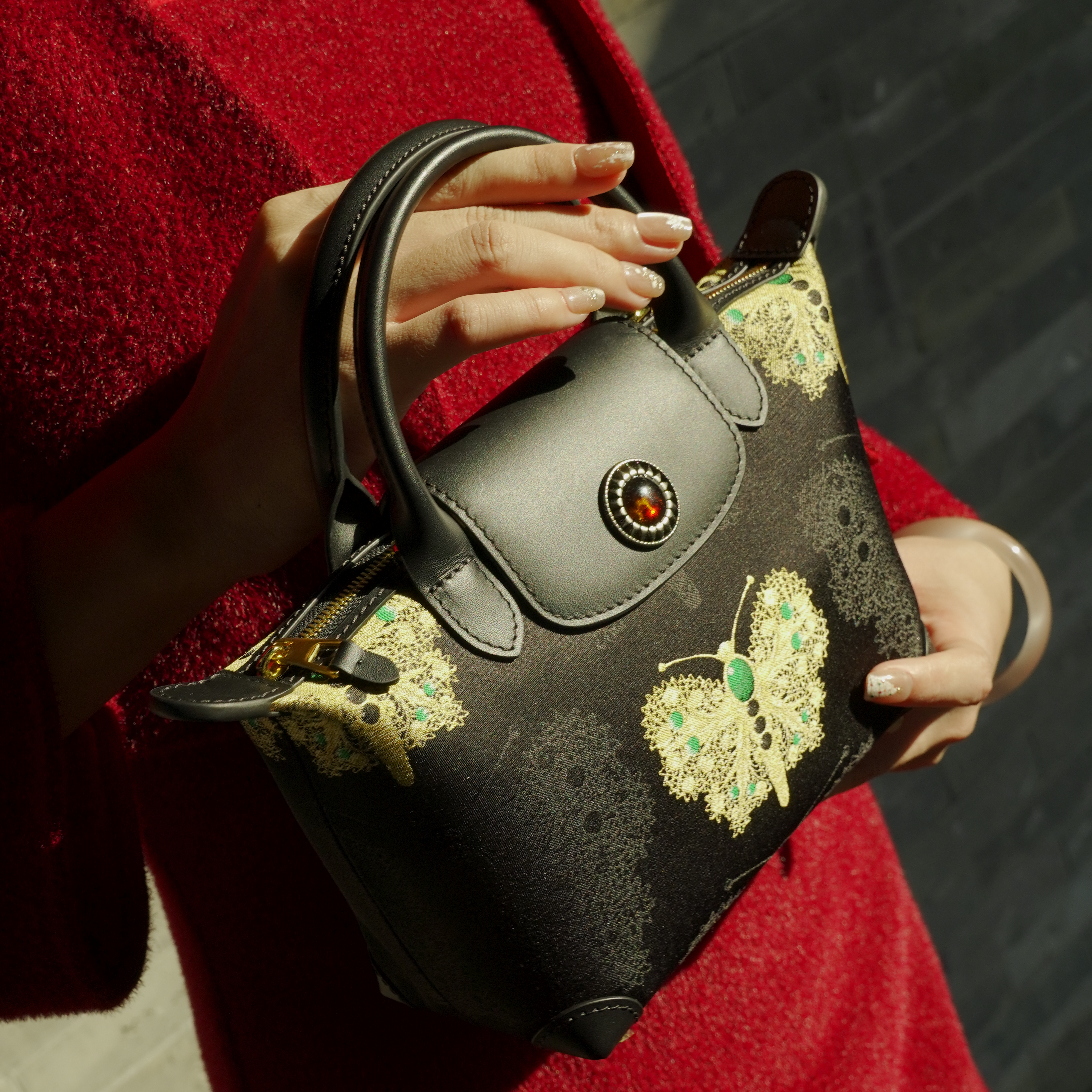 宋錦∞黑金綠蝴蝶牛皮小號手袋