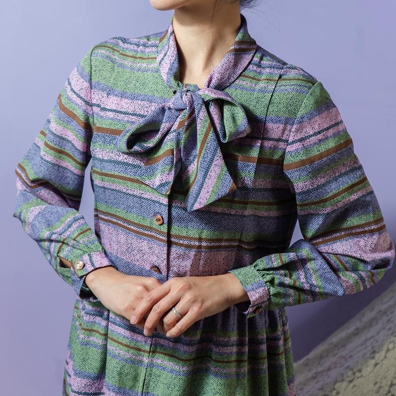 VIntage Japanese Candy-Stripe Tie Collar Box Pleat Day Dress (MT1608-108)