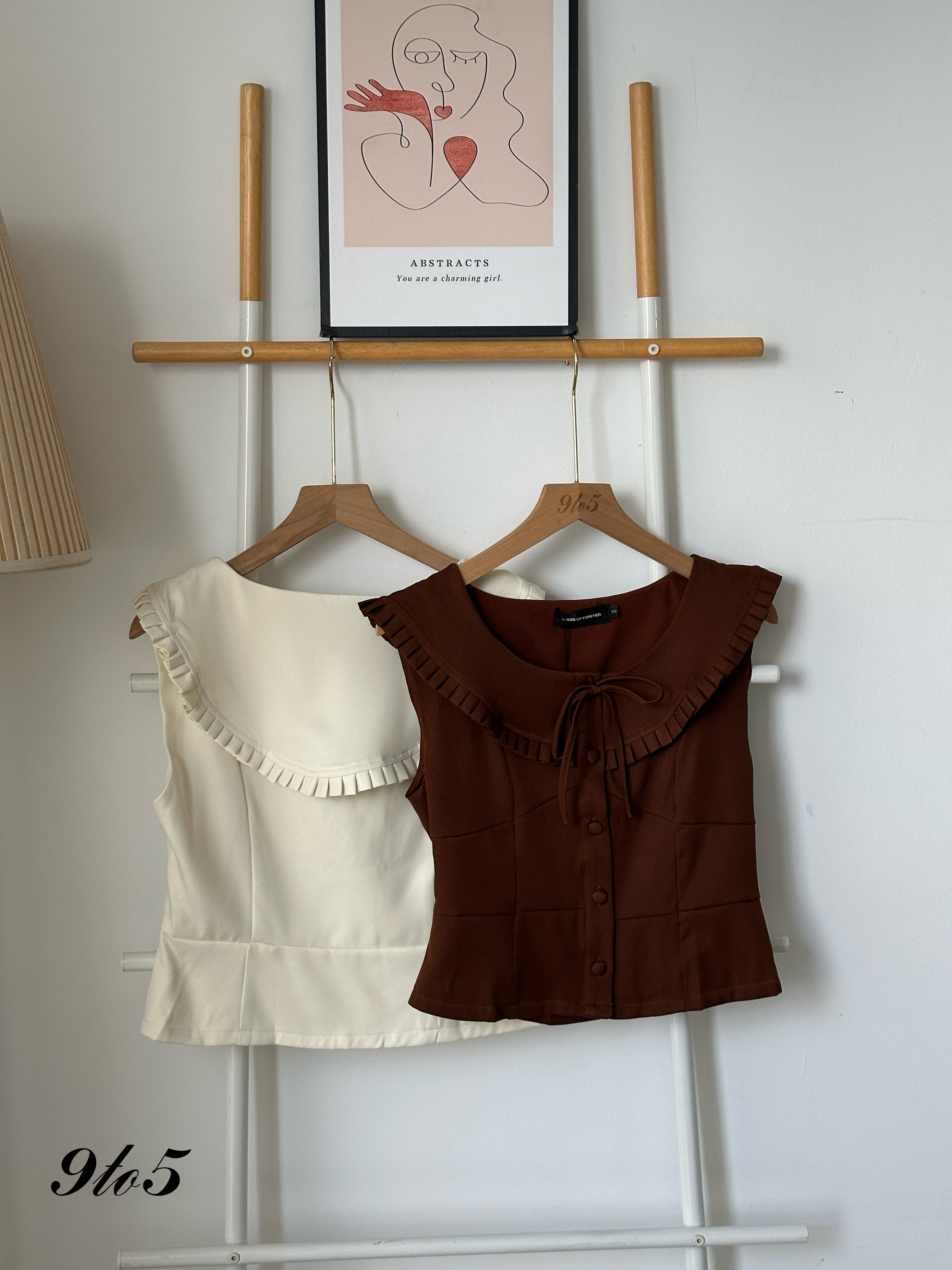 T4039 Bow-tie Ruffle Top - Brown & Cream