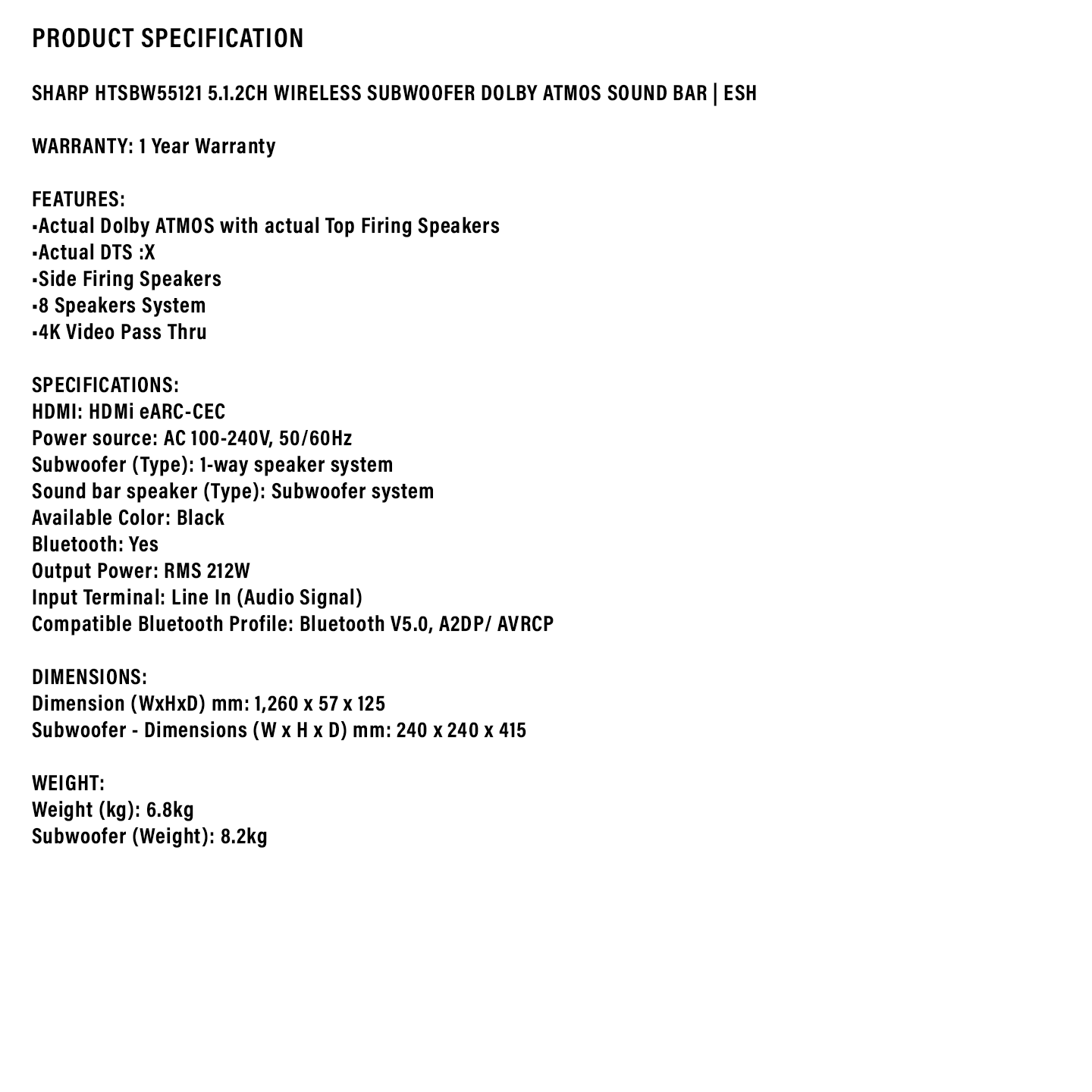 Sharp 5.1.2ch Dolby Atmos Wireless Subwoofer Soundbar (HTSBW55121)