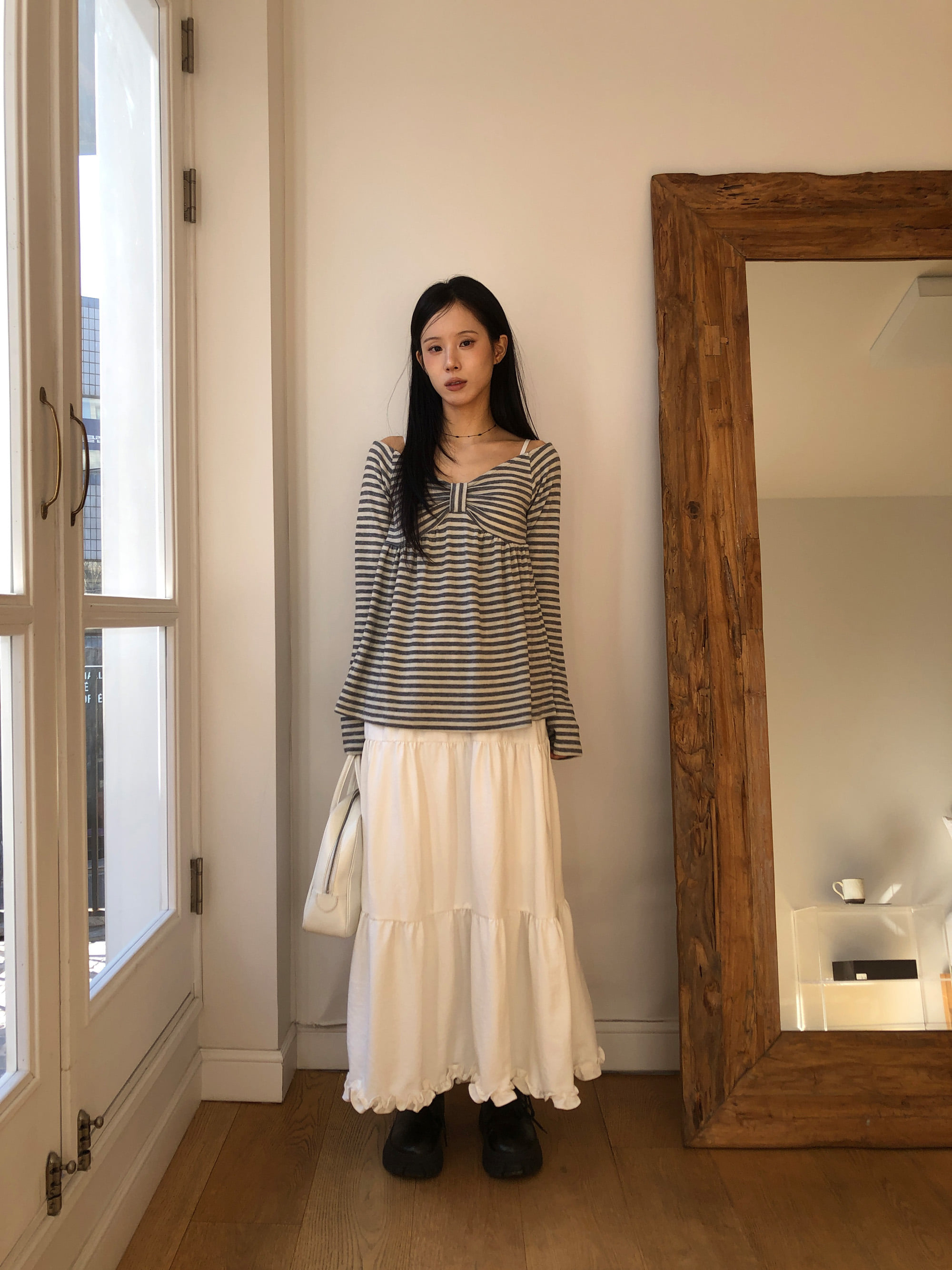 Striped Bow Ruched Long Sleeve