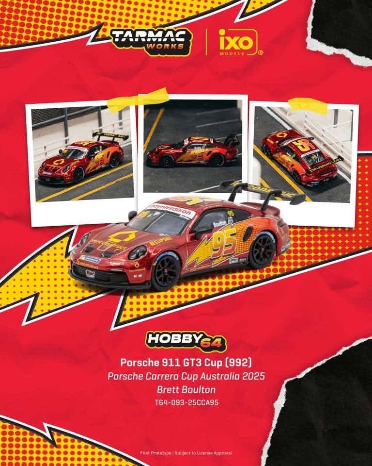 （預訂 Pre Order) Tarmac Works ( T64-093-25CCA95 ) Porsche 911 GT3 Cup (992) Porsche Carrera Cup Australia 2025 Brett Boulton