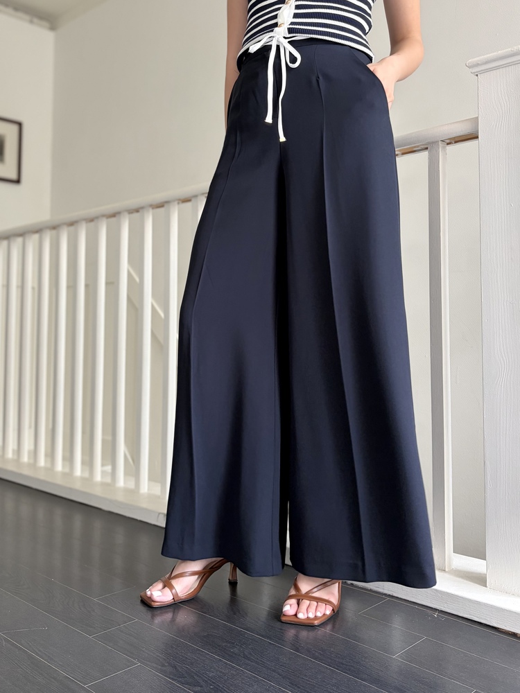 [超涼!!] Contrast Belt Wide Leg Slacks (Navy)