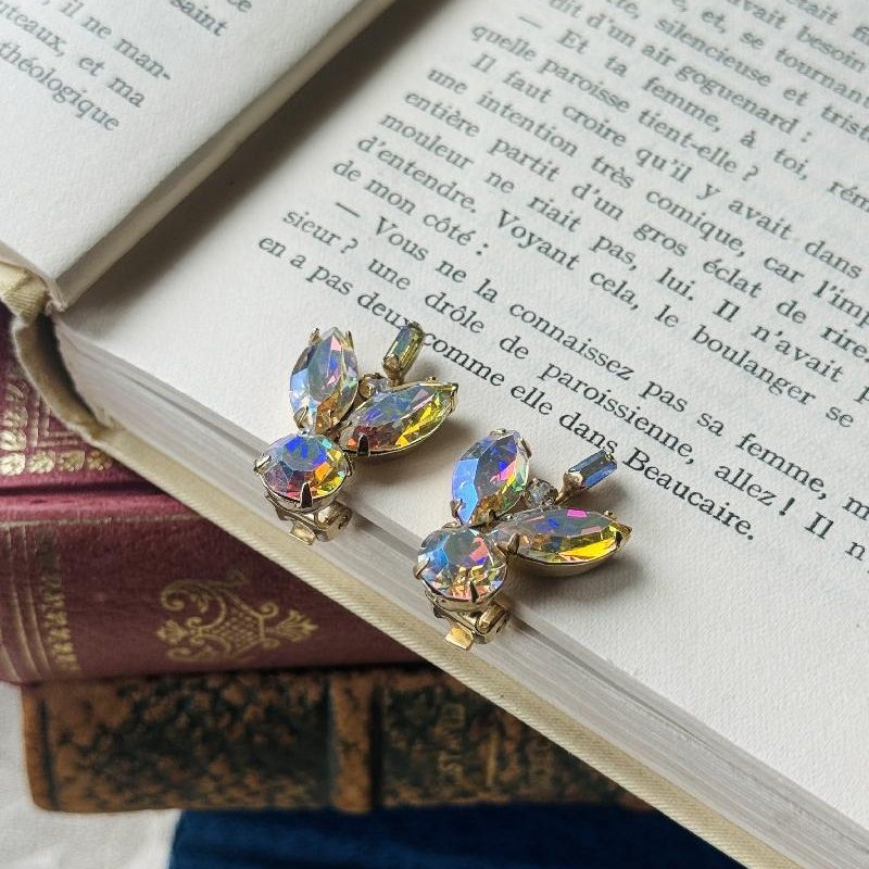 C.a. 1950s Aurora Borealis Starburst Brooch & Clip Earrings Set (MT2432)
