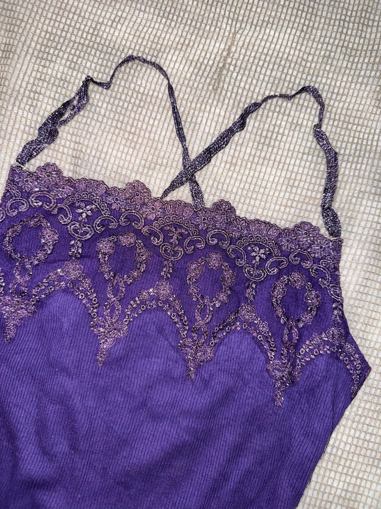 Purple Metallic Knit Cami with Embroidered Lace