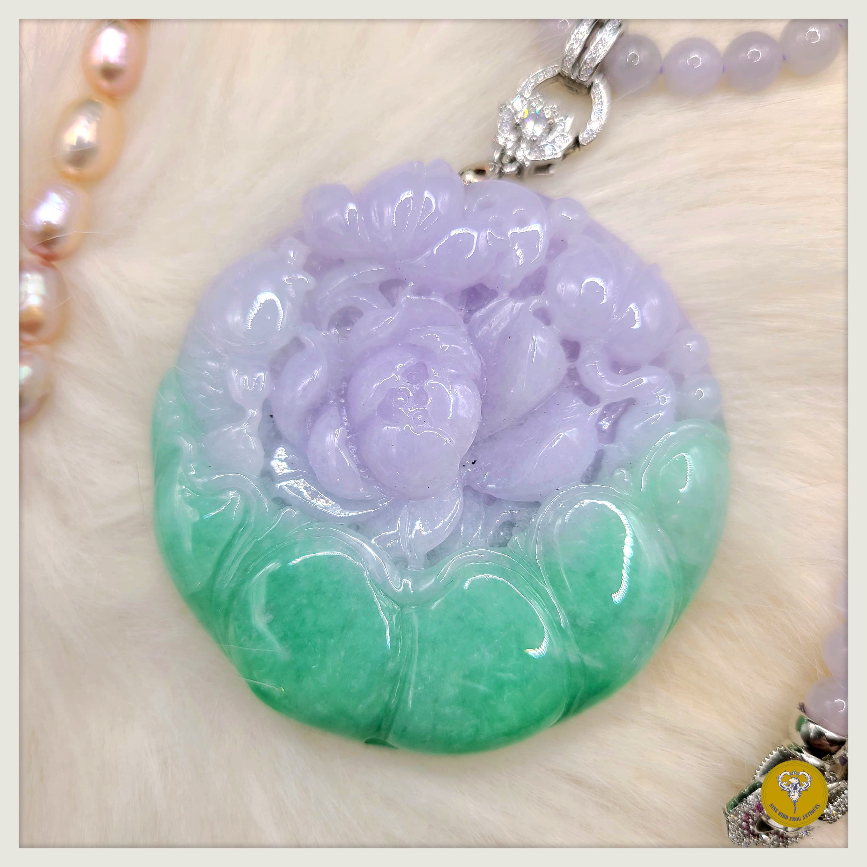 糯冰種紫羅蘭果綠青荷花魚池翡翠配紫羅蘭翡翠頸鍊