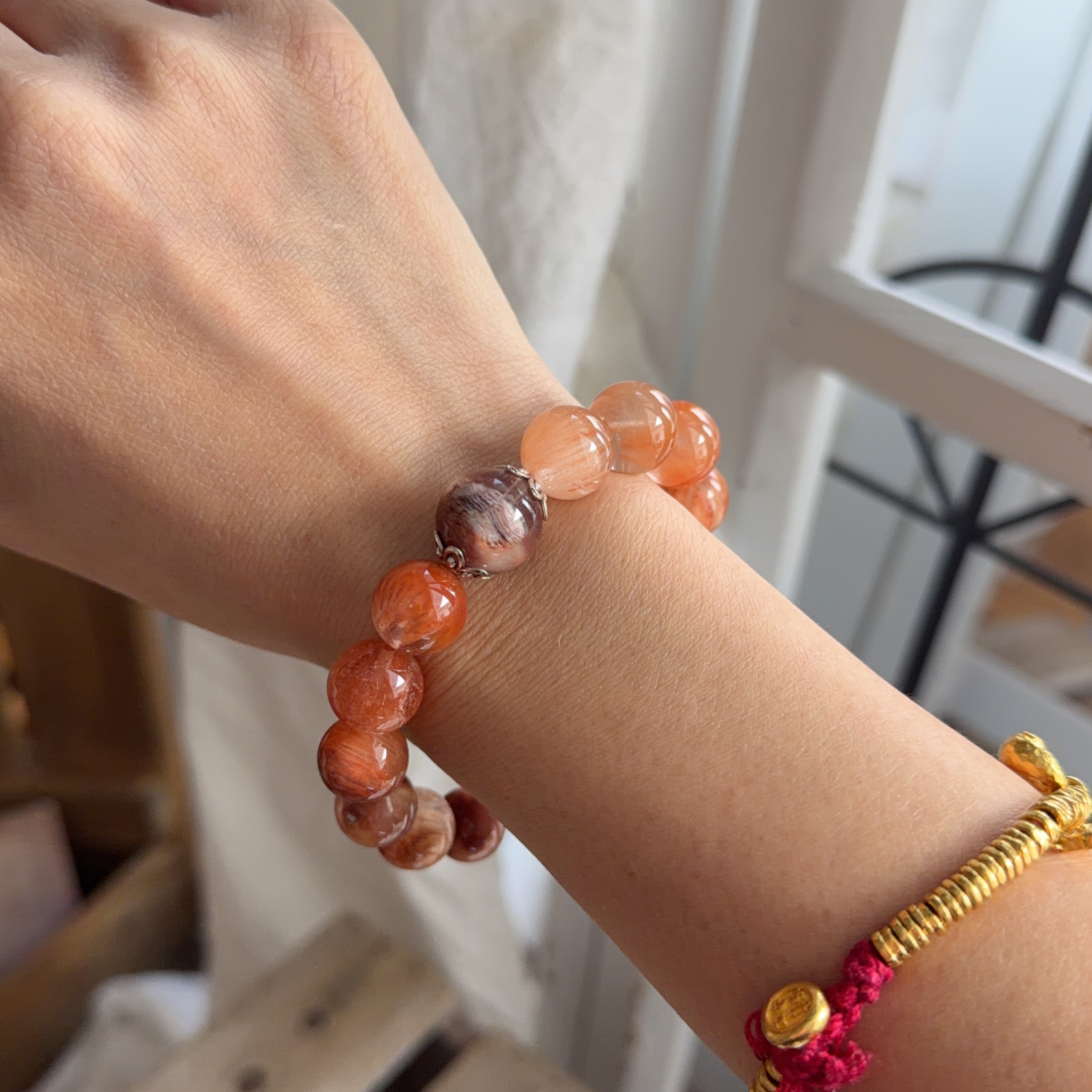 粉橙兔毛&千層幽靈手串