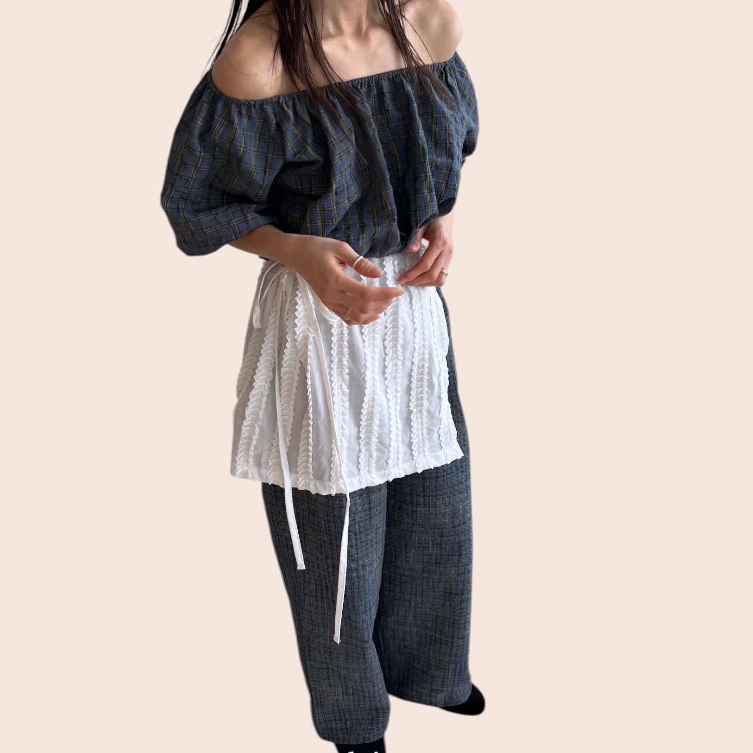 221020 暗格紋泡泡袖短Top