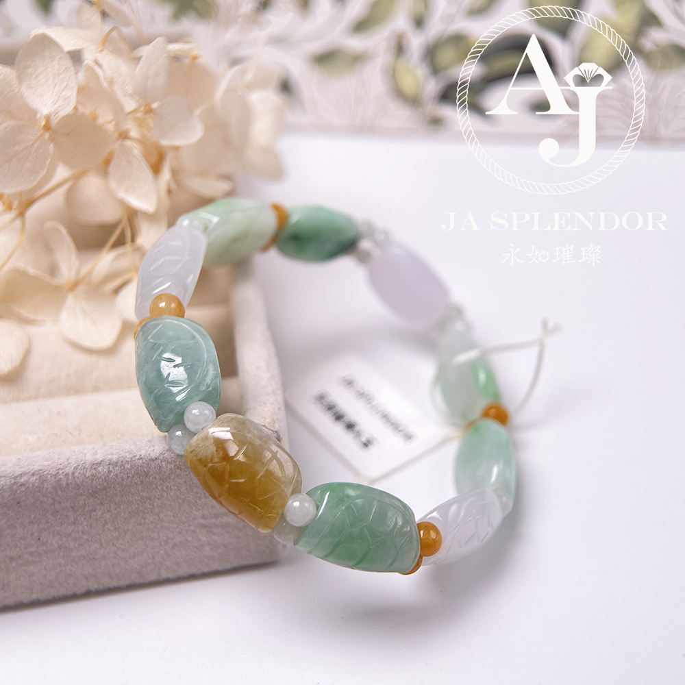 OF-06-B 天然翡翠A玉 - 冰潤三彩長壽吉祥龜貝手串
