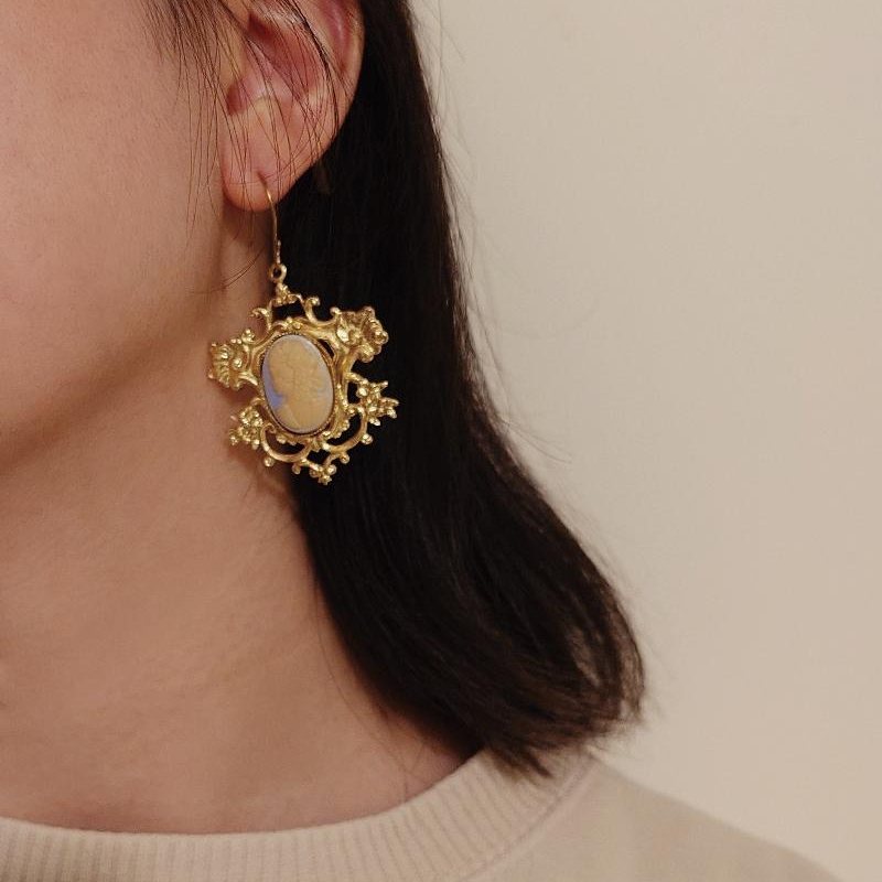 Blue Glass Cameo Hook Earrings (C032)