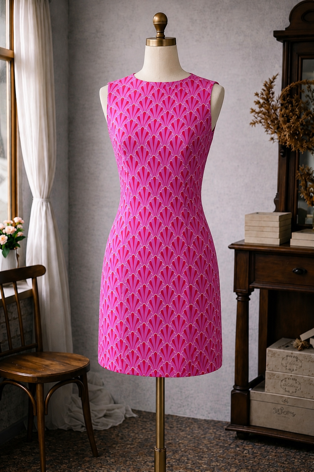 (Last M) Art Deco Inspired Fan Pattern Organic Cotton A-Line Dress (FM)