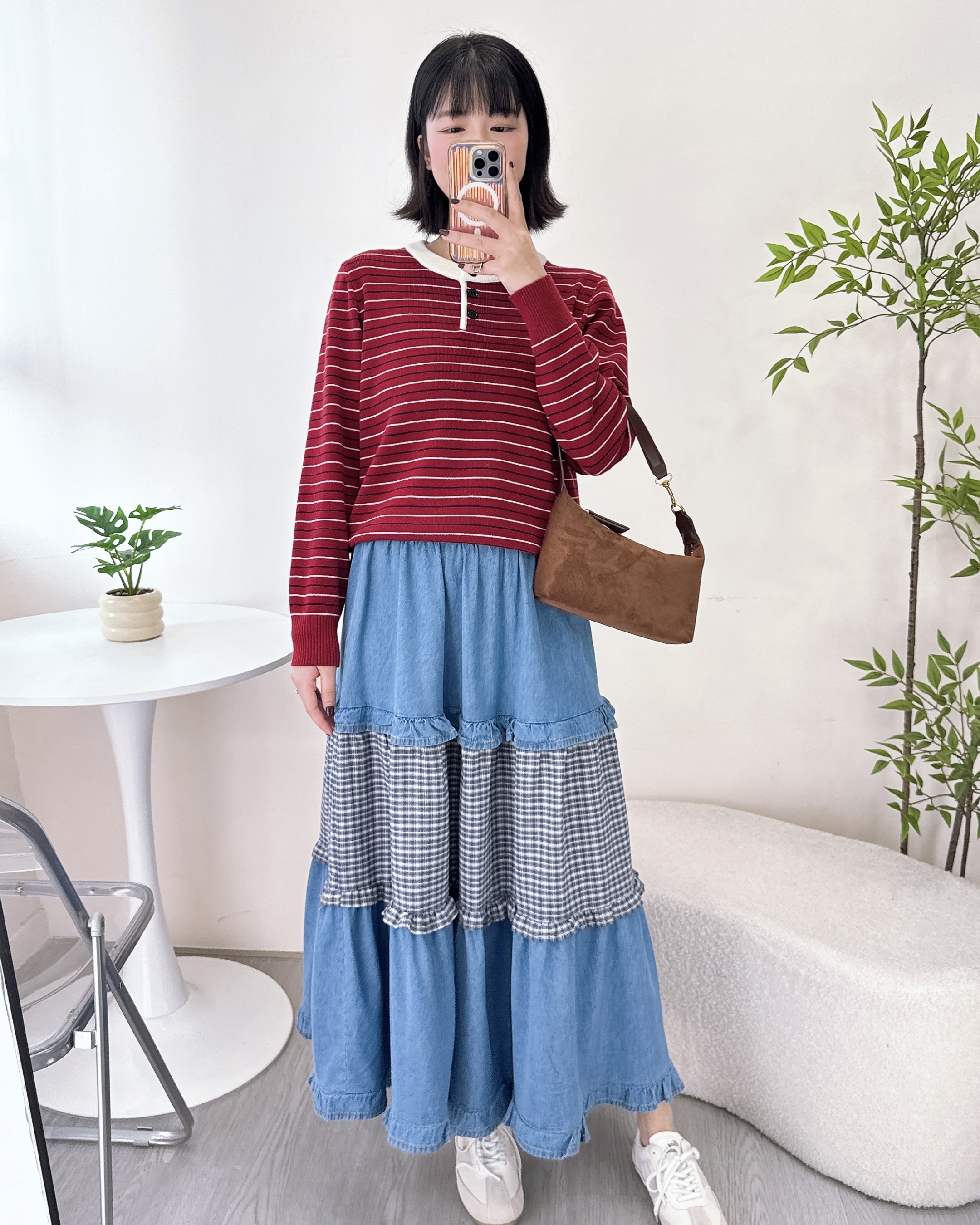 拼格仔布Ruffle牛仔半截裙 