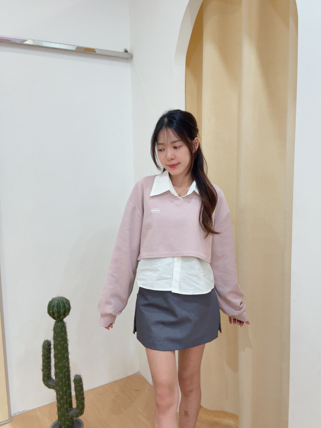 学院风衬衫针织两件套长袖上衣 R2646