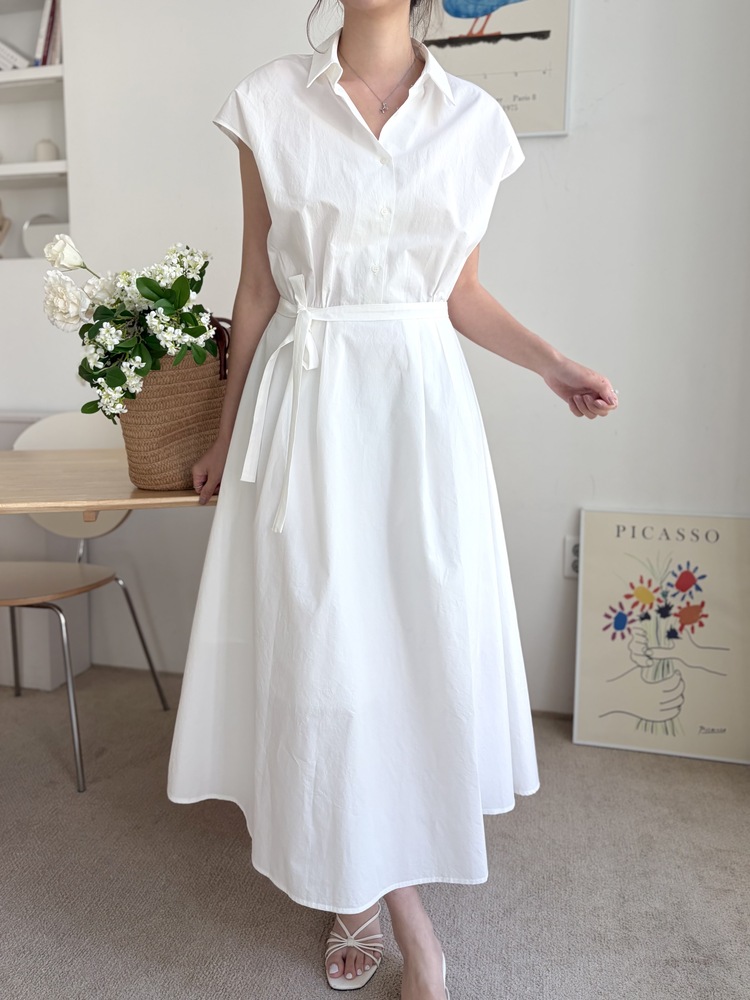 Elasticated Waist Shirt Dress (White)