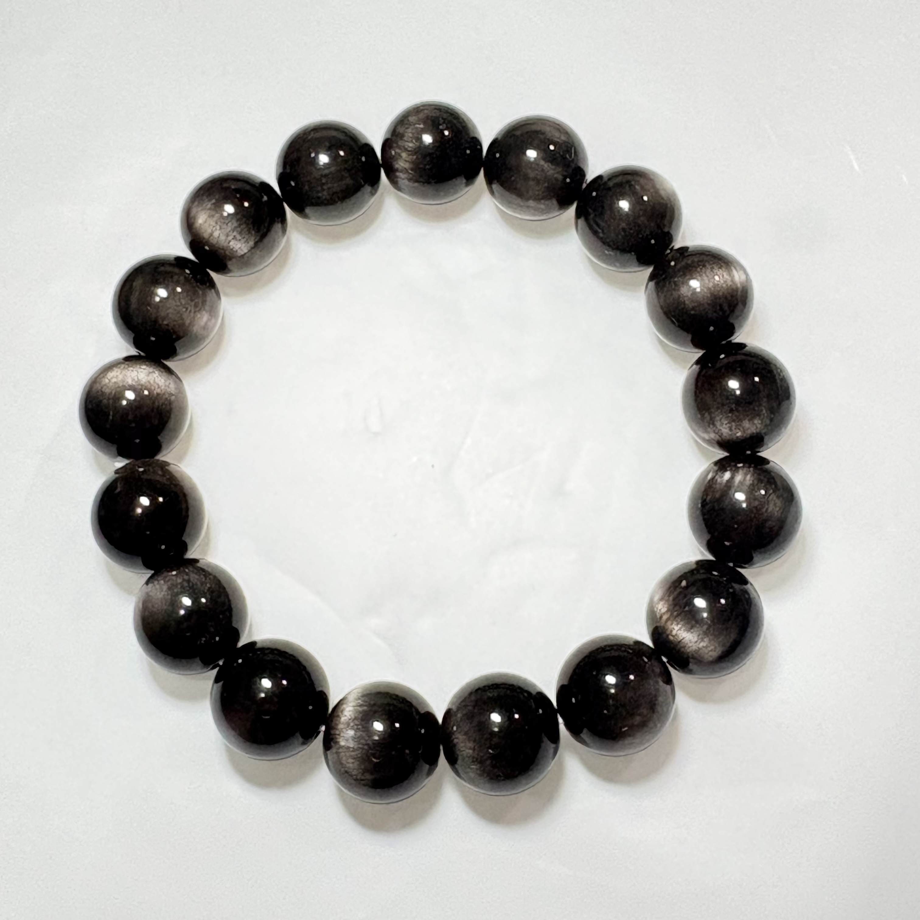 【擋煞】銀黑曜石手串No.4593丨精品猫眼級✨丨12mm珠16.5-17cm手圍