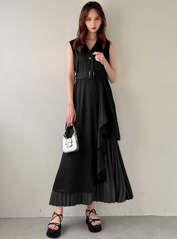 繫帶拼接雙層連身裙 [pu35]