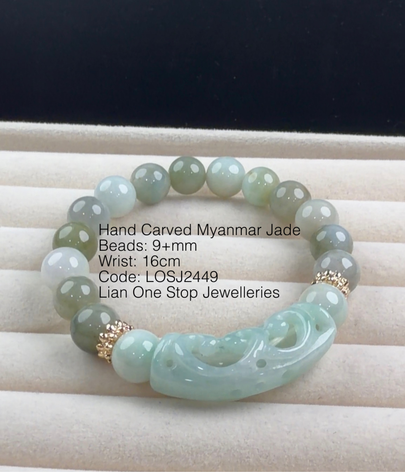 Code: LOSJ2449 Hand Carved Myanmar Jade 9+mm