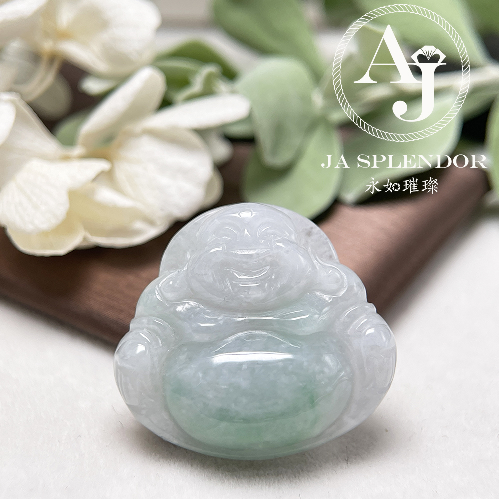 JN-10317 天然翡翠A玉 冰糯白底青大肚笑佛吊墜