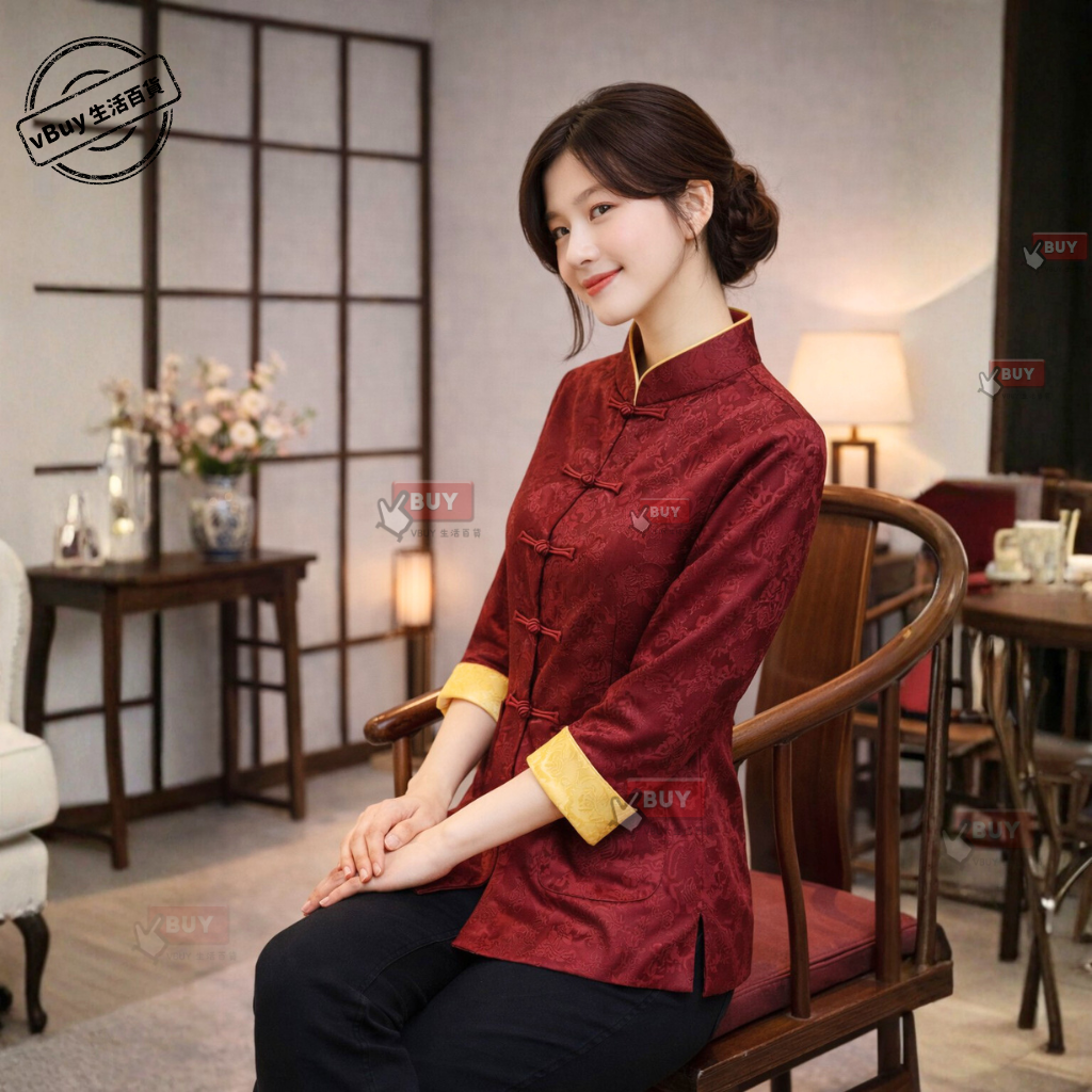 成人新年衫｜女裝 酒紅×金 雙面可穿 改良唐裝外套 新年拜年上衣｜Vbuy
