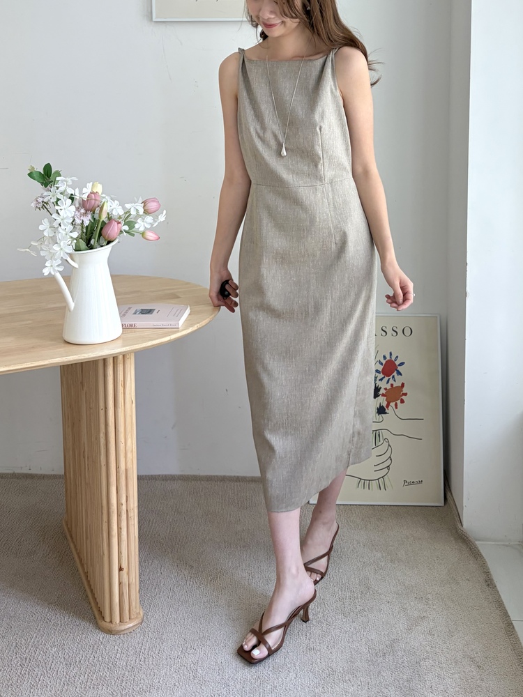 Linen Blend Twisted Strap Dress (Mocha)
