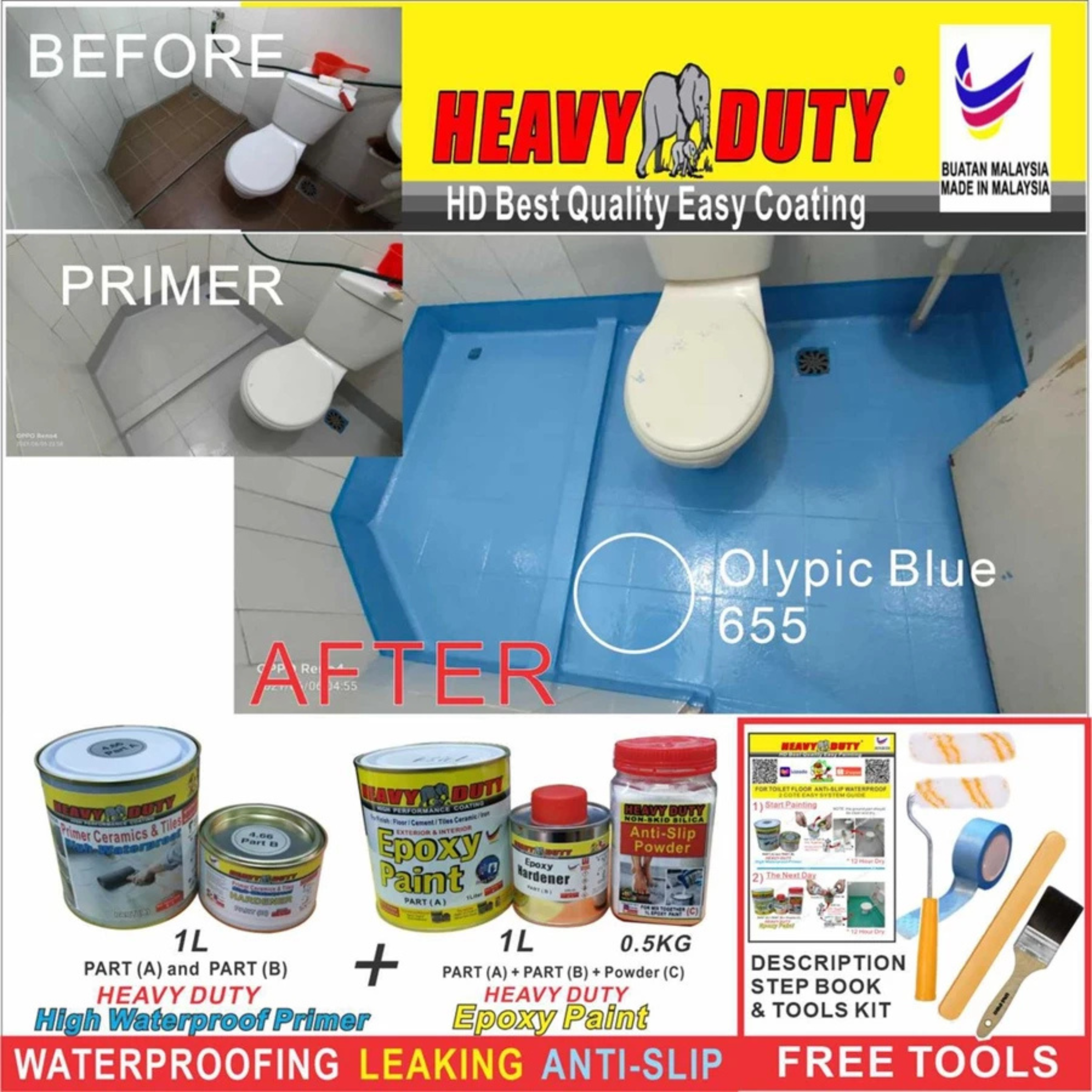 FULL SET (HEAVY DUTY BRAND) Floor Coating (Free Paint Tool Set) 1L Tile Primer + 1L Epoxy Colour + 0.5kg Non-skid Silic