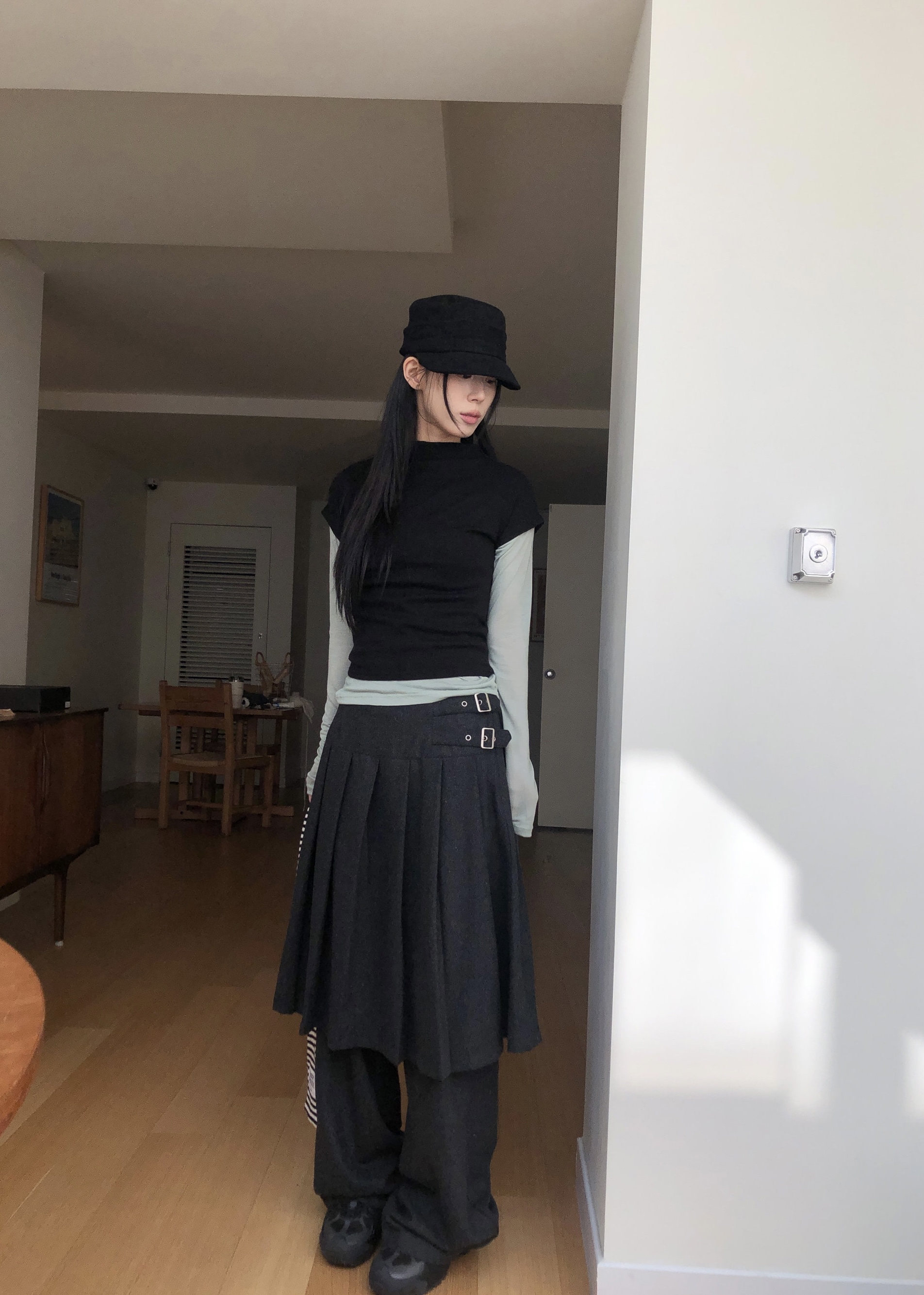 Pleated Layered Buckle Skirt Pants