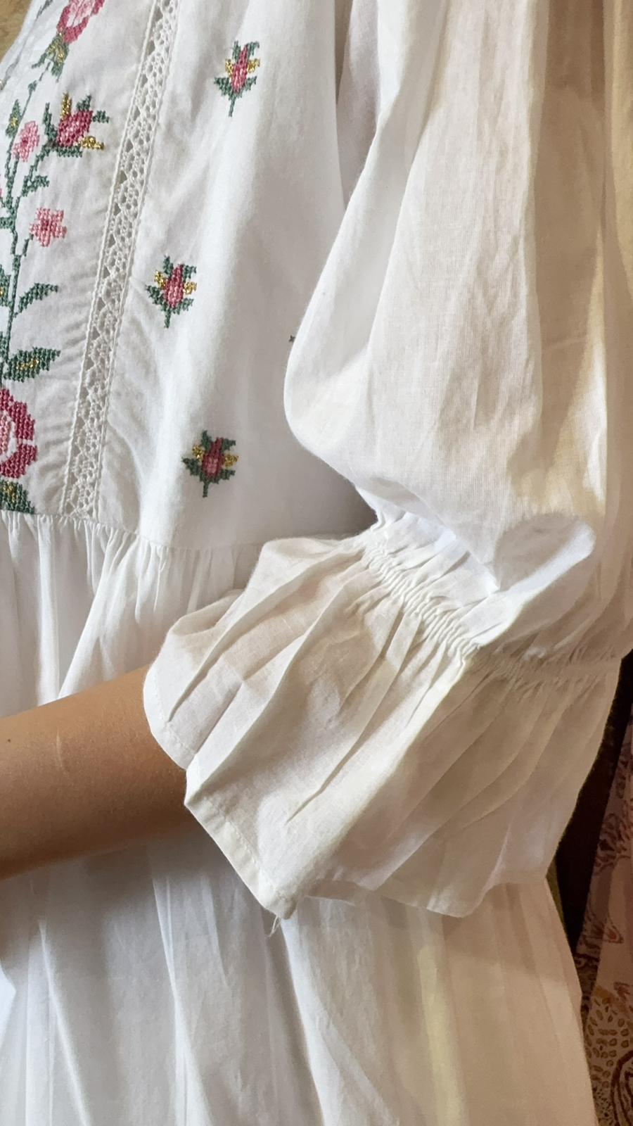 White Cotton Simple Floral Emb Short OP #1400