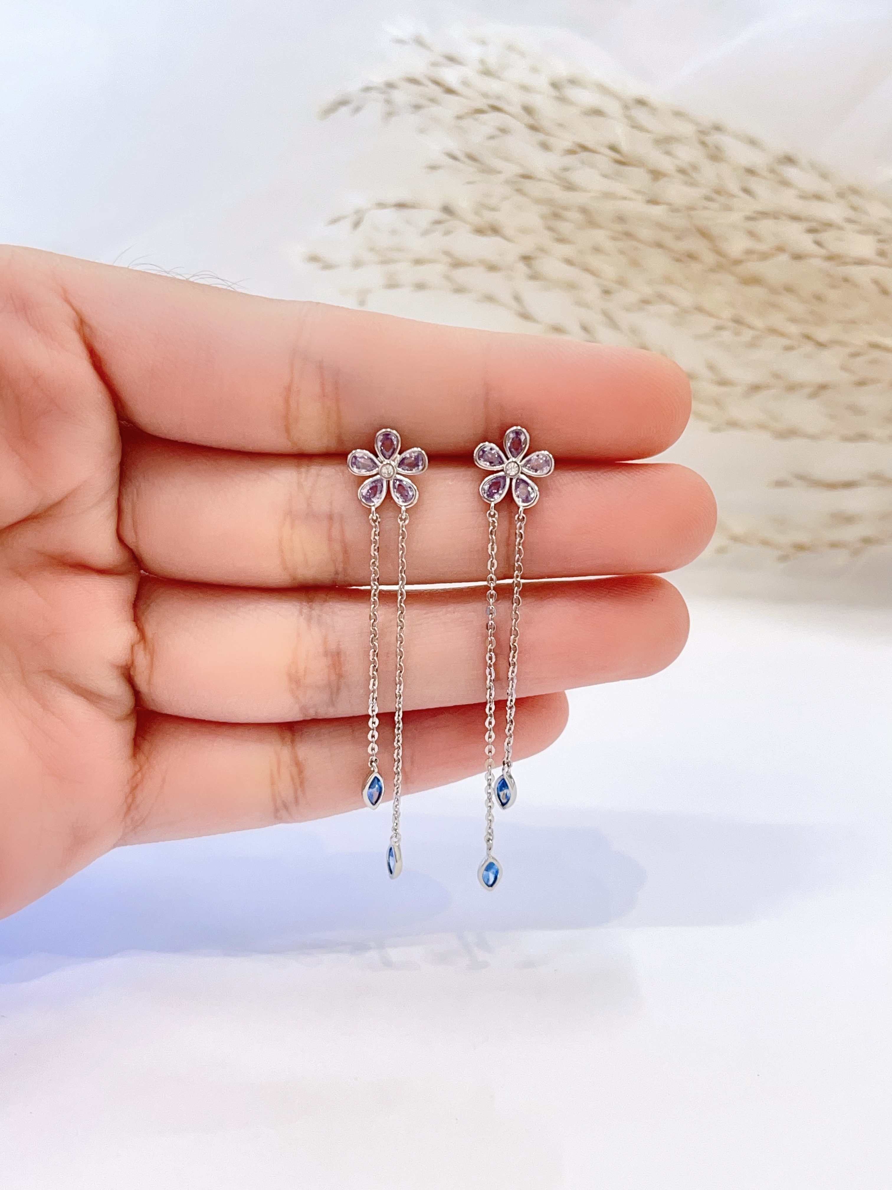 韩系小花锆石流苏耳环