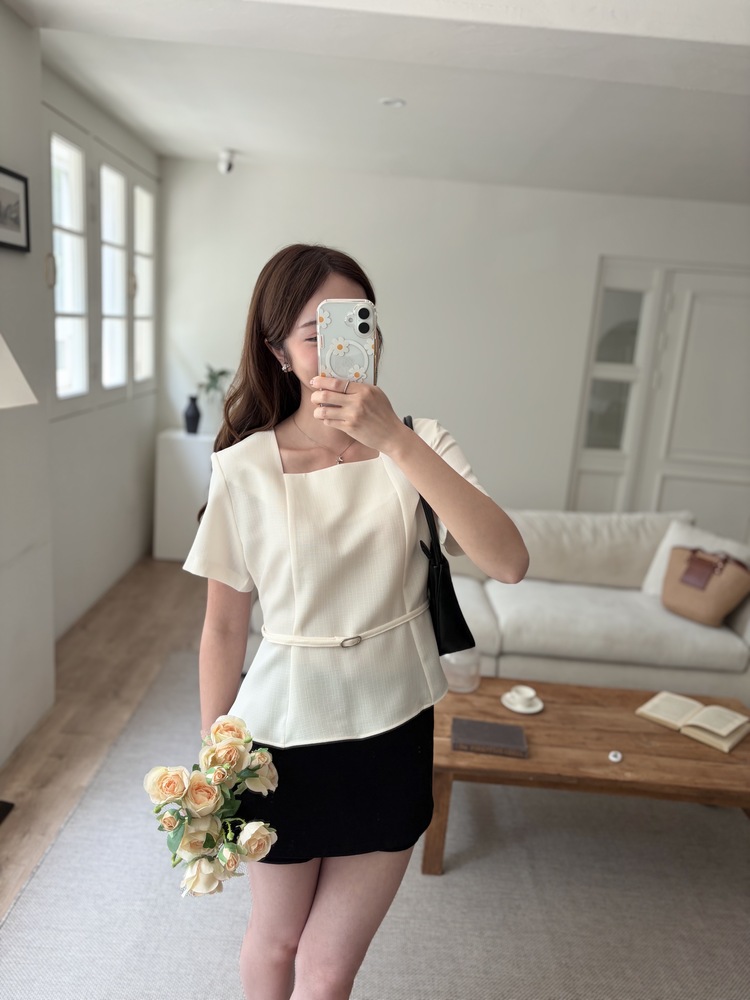 Square Neck Belted Blouse (Ivory)