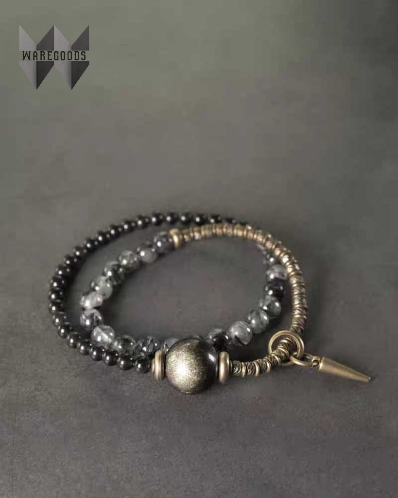 W1006黒發晶黑曜石混搭銅珠手鏈