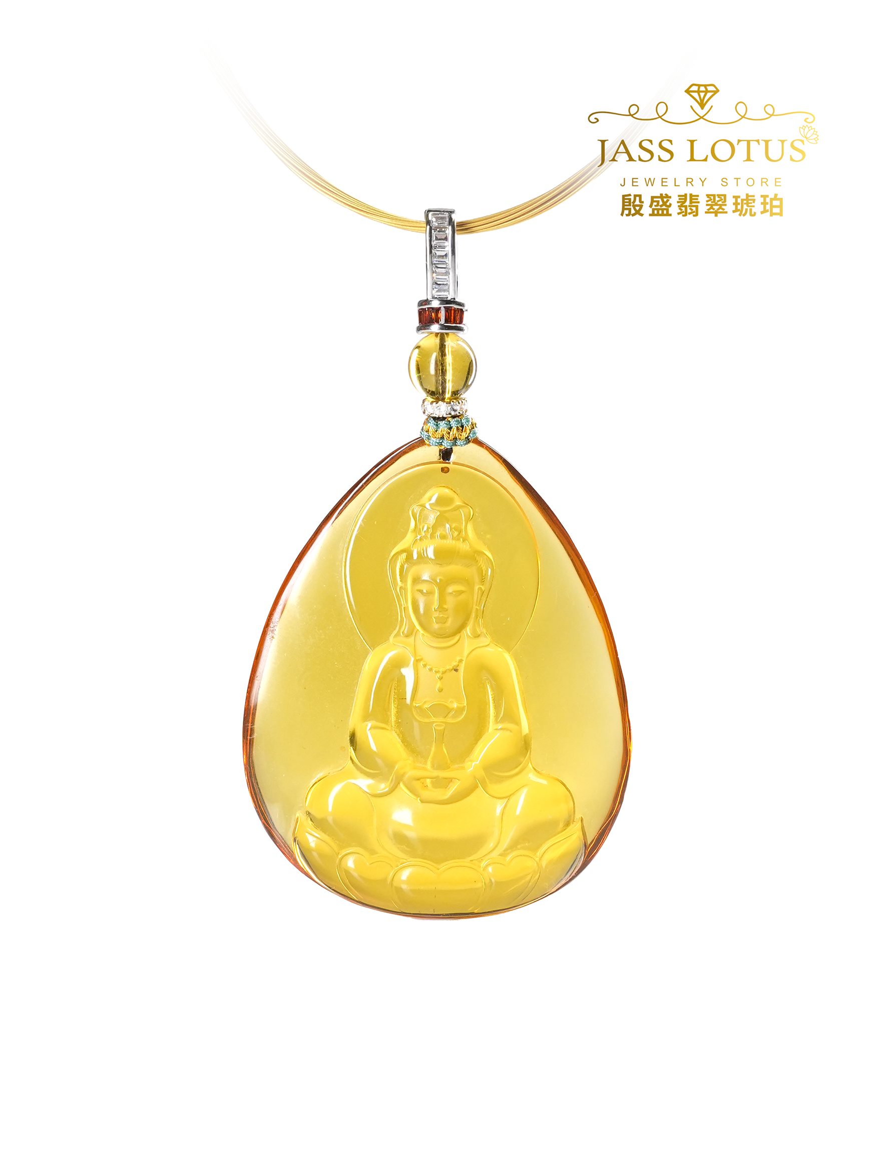 緬甸天然琥珀淨水高藍珀精工雕刻觀音吊墜