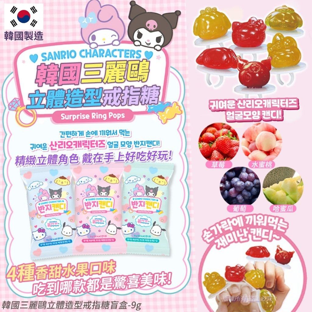 $48套.2套起$38套.韓國三麗鷗立體造型戒指糖盲盒-9g(1套4包)