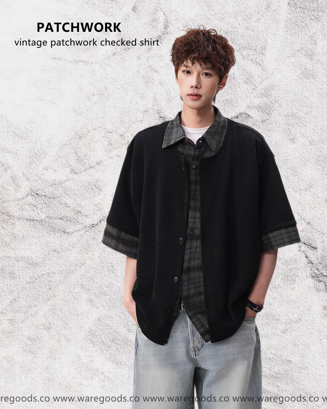 W2712格仔拼接假兩件短袖襯衫