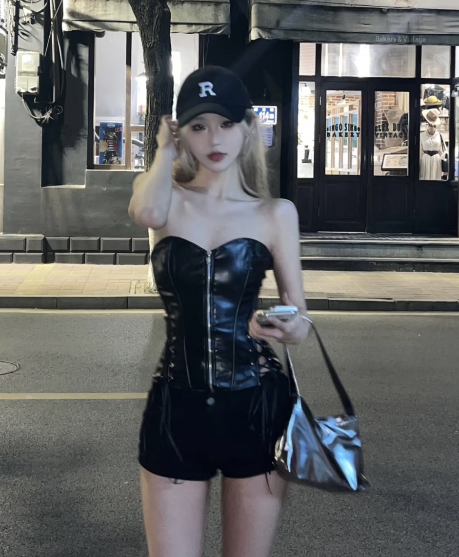 TP472后背绑带软皮上衣