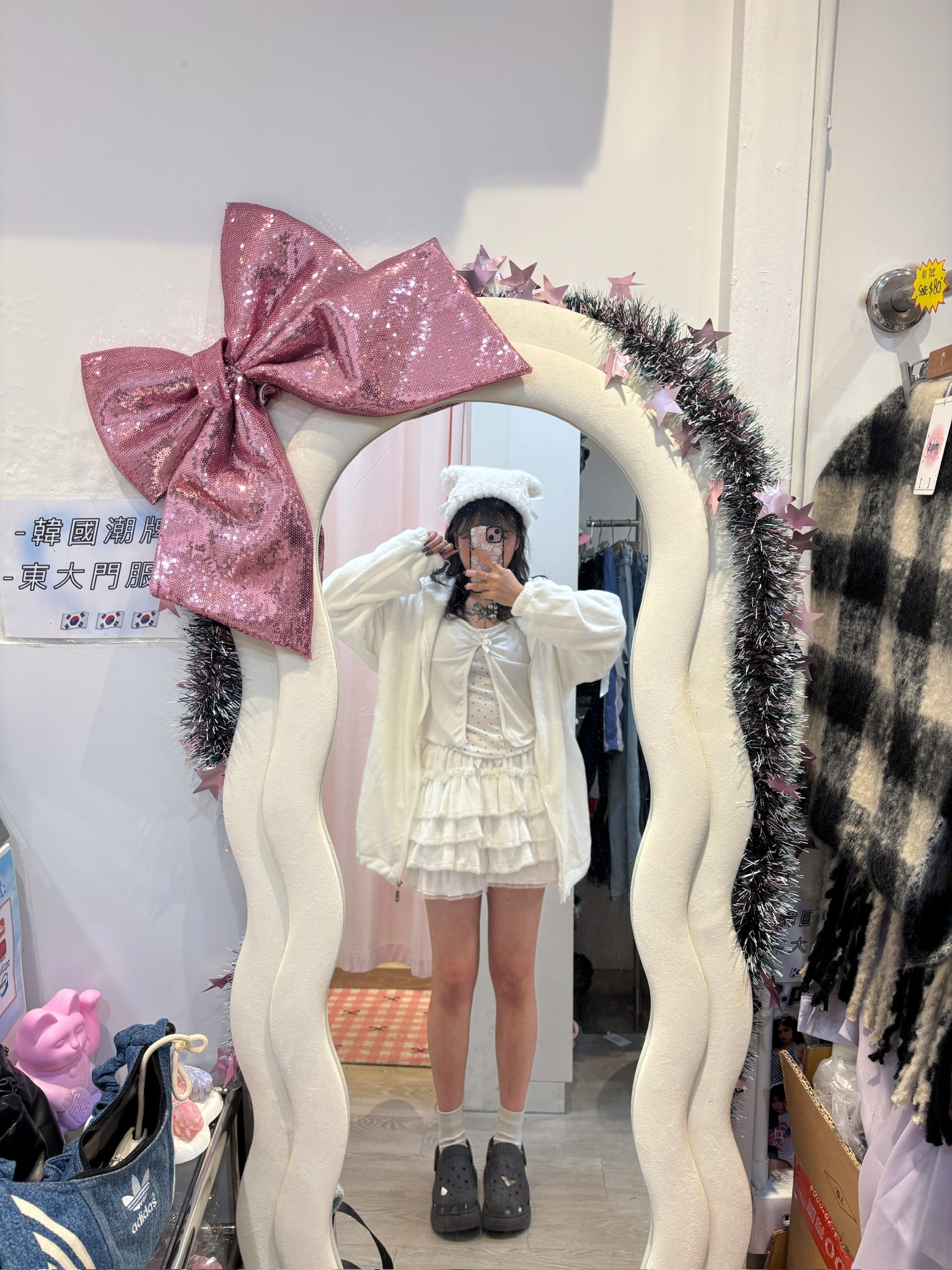 韓國撞色假兩件波點蝴蝶結Top