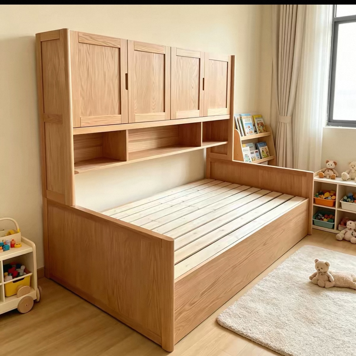 全實木兒童床連衣櫃一體多功能 小戶型 1.2 米單人床備儲物空間 bed