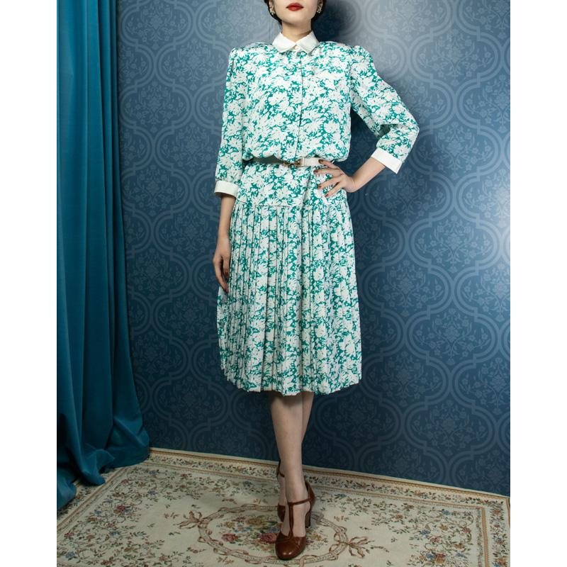 Vintage Lori Ann C.a. 1980s Leafy Pattern Low Waist Pleated Day Dress (MU103-19)