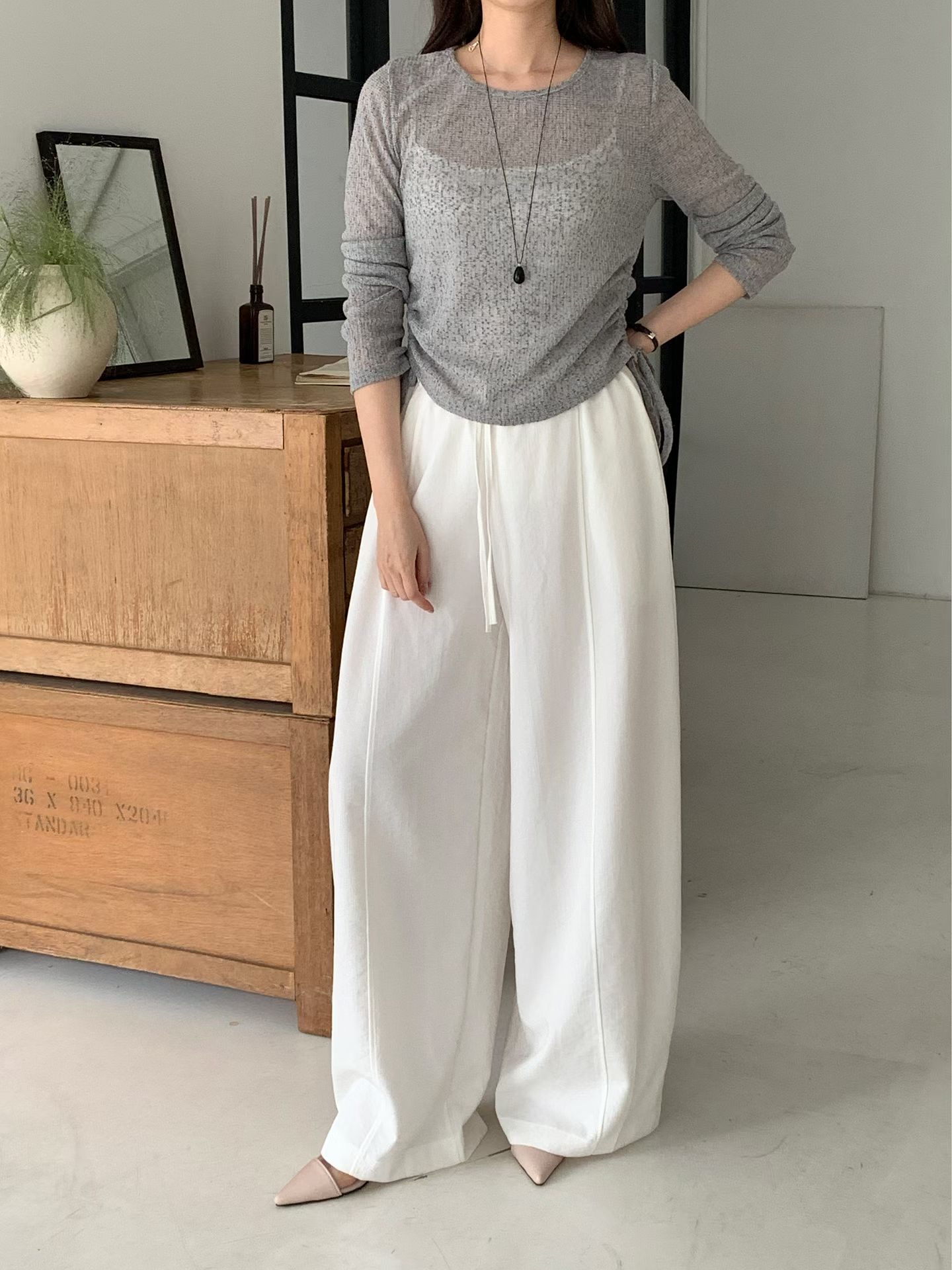 CT21 韓系抽繩鬆緊高腰闊腿褲