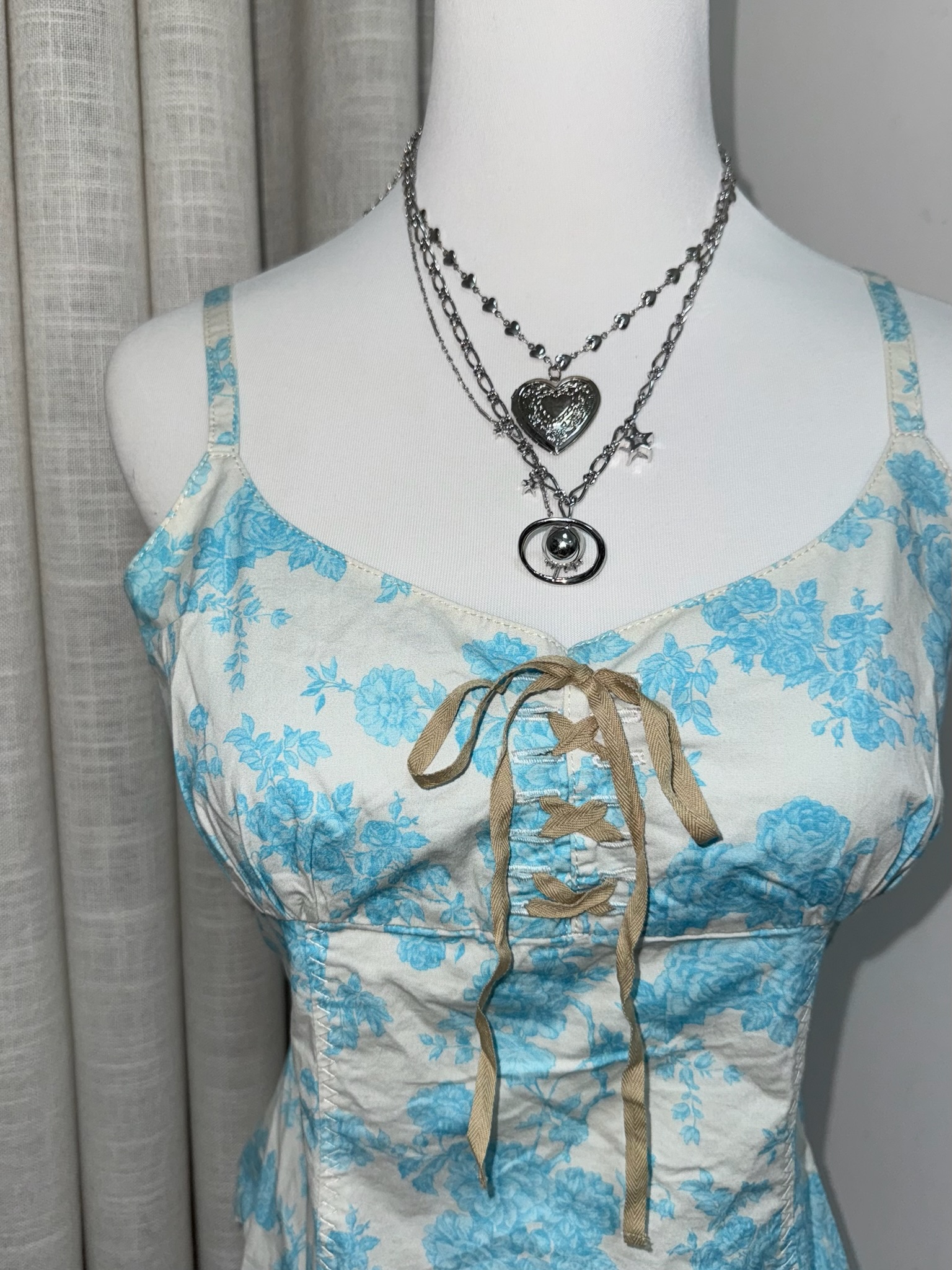 Vintage Rose Print Cami with Front Lace-up Detail and Faux Garter Straps