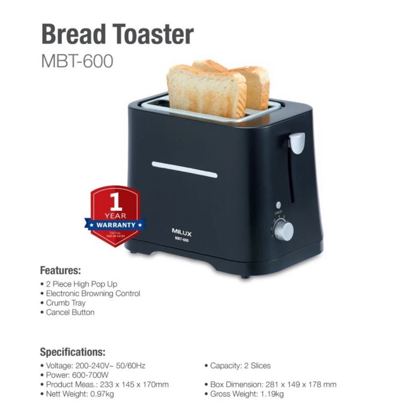 Milux 700W 2-Slice Bread Toaster (MBT-600)