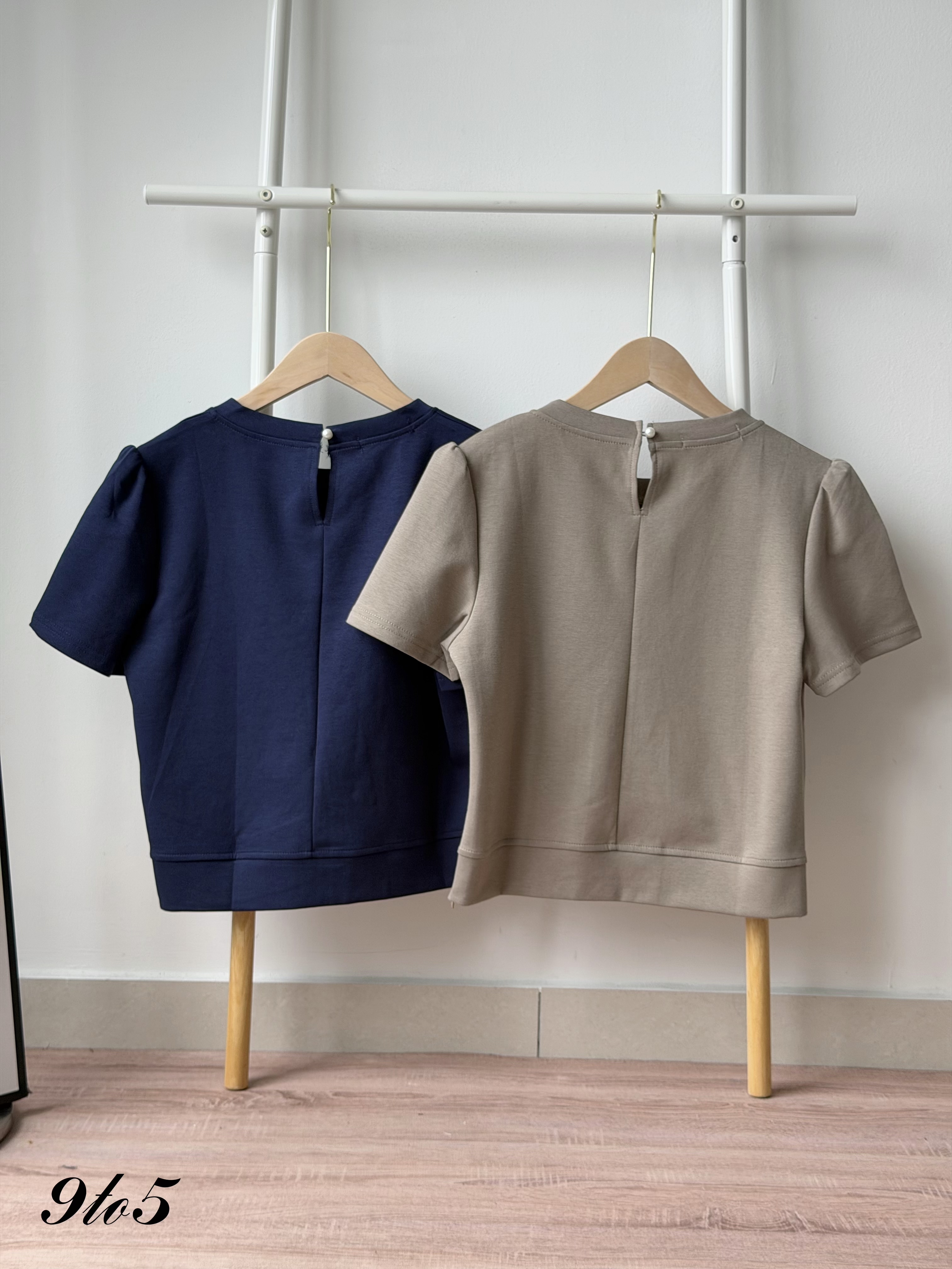 T4533 Puff Sleeve Round Neck Top - Blue & Khaki