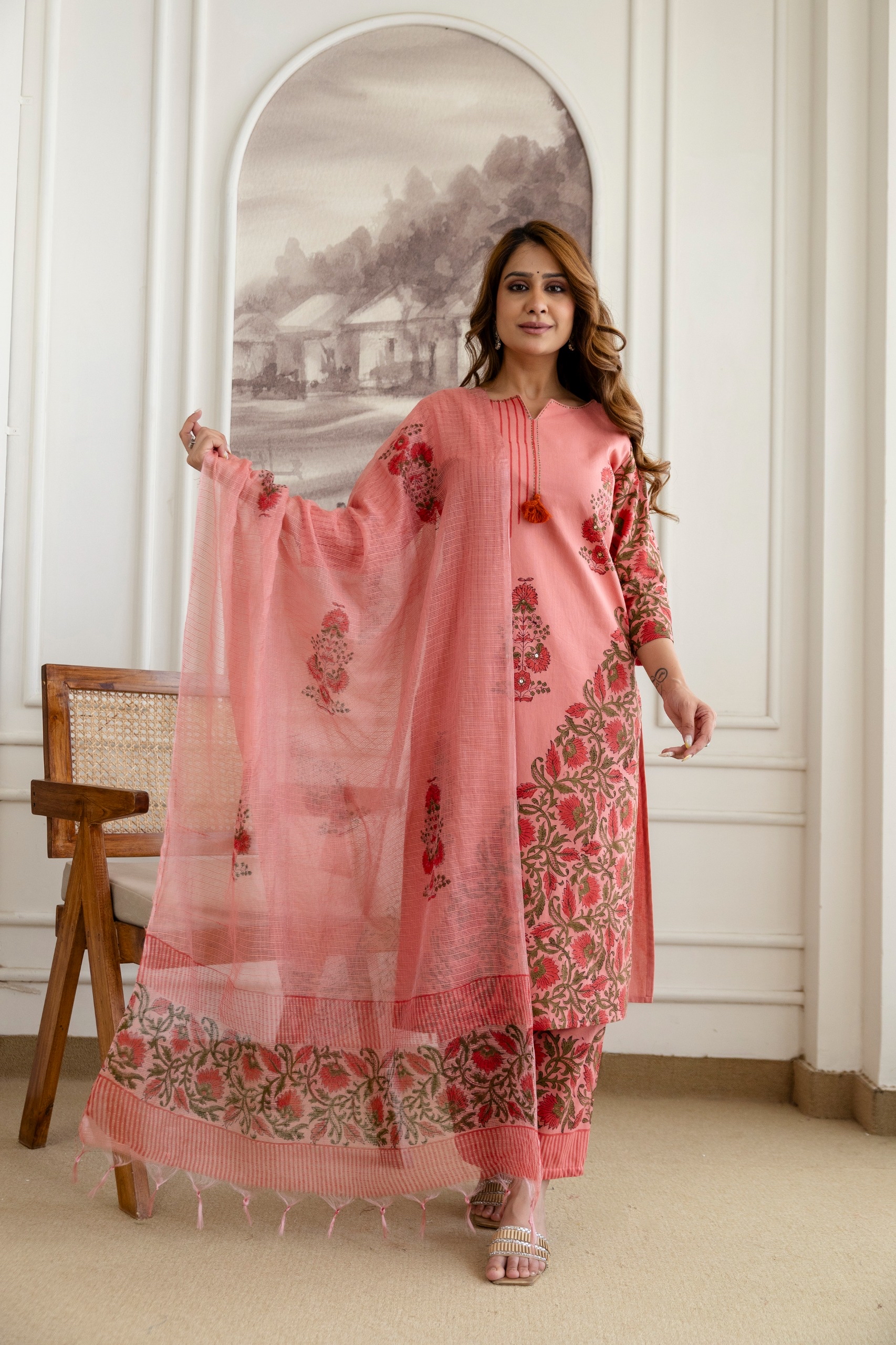 Peach Floral Print Kurta Set