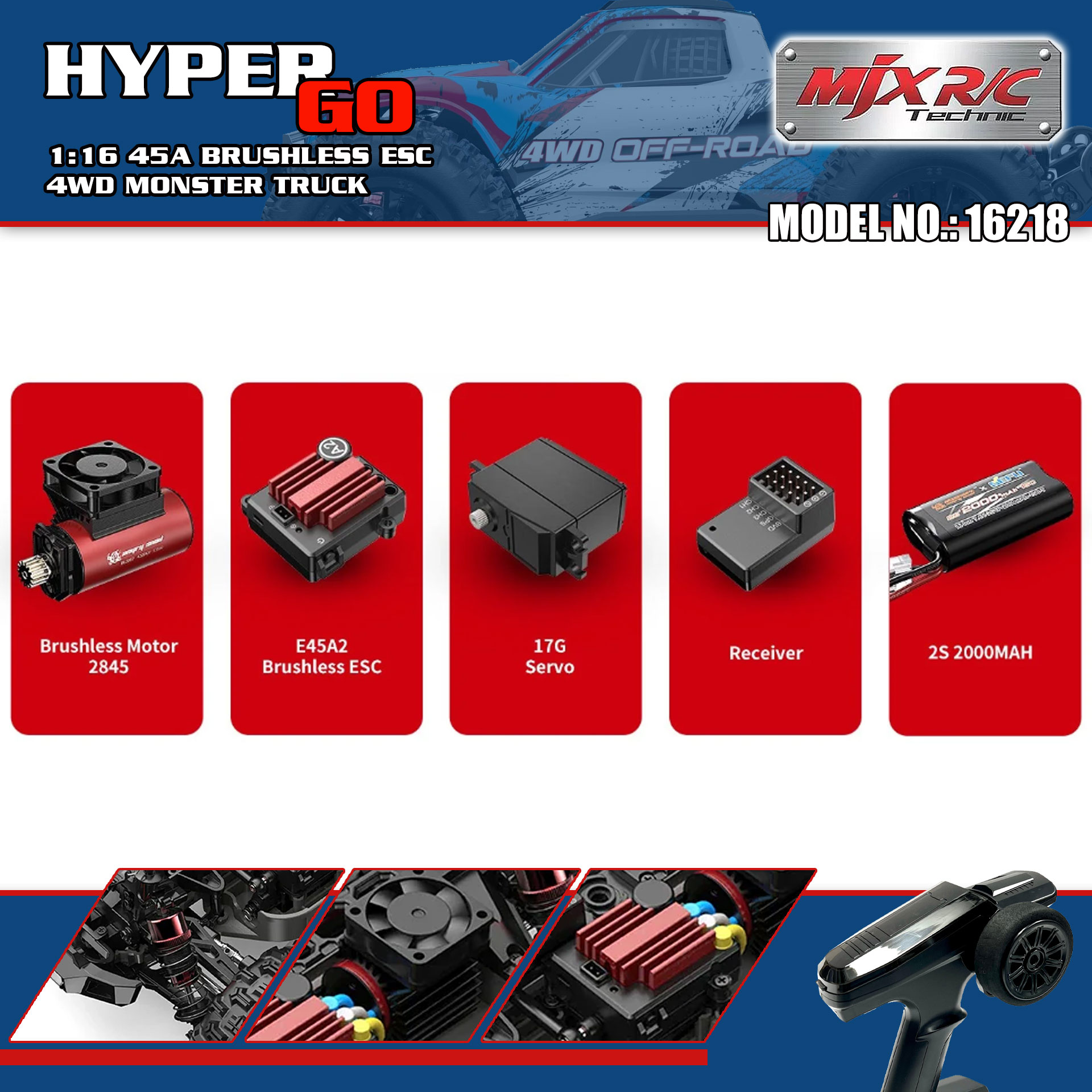 全新 美嘉欣 MJX R/C 1:16 16218 無刷大腳車 | 防翻尾輪 | 金屬齒輪 | 油壓避震 | 可用2s-3s電 | 最高速約60KM/H