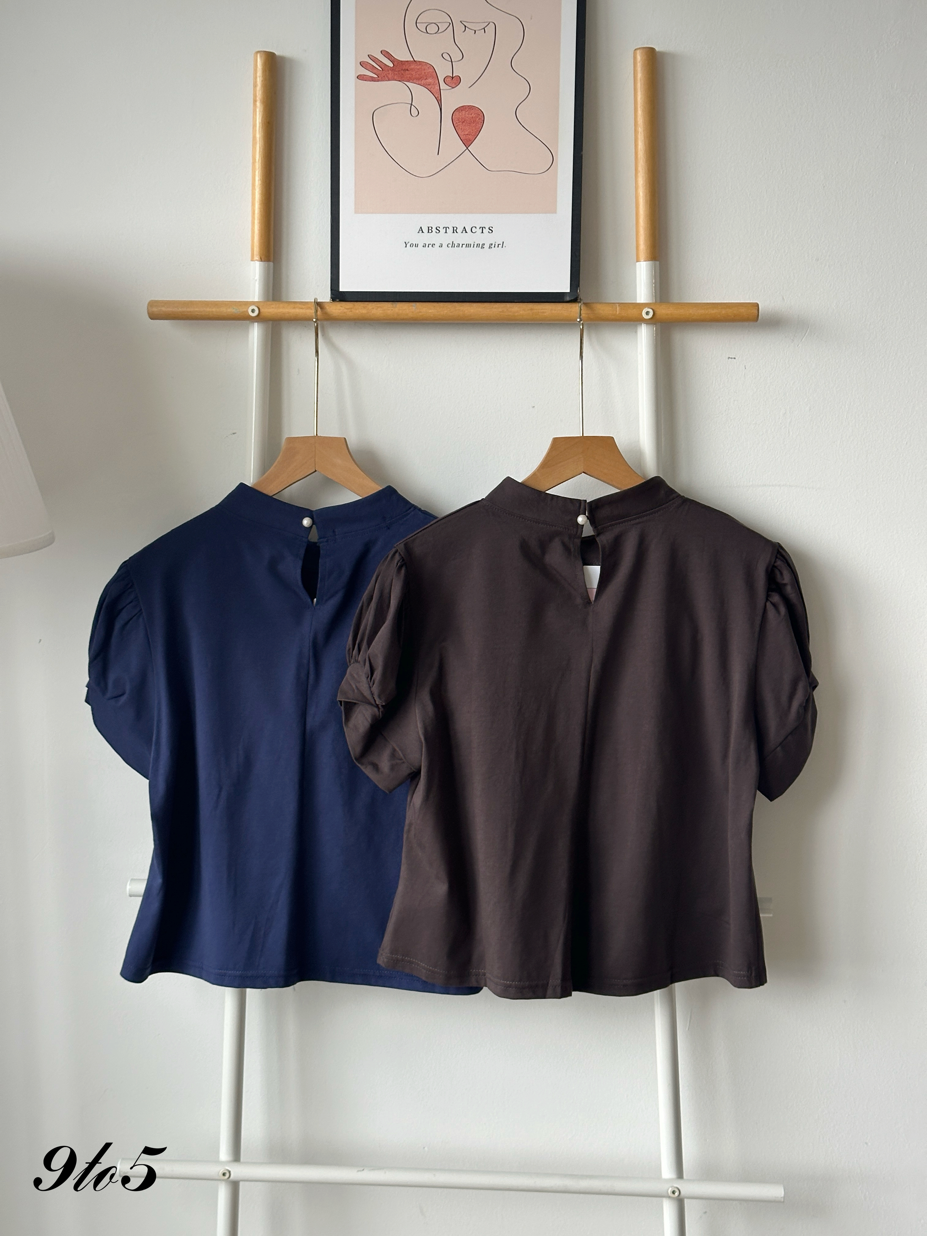 T4242 Mock Neck Ruched Top - Blue & Grey