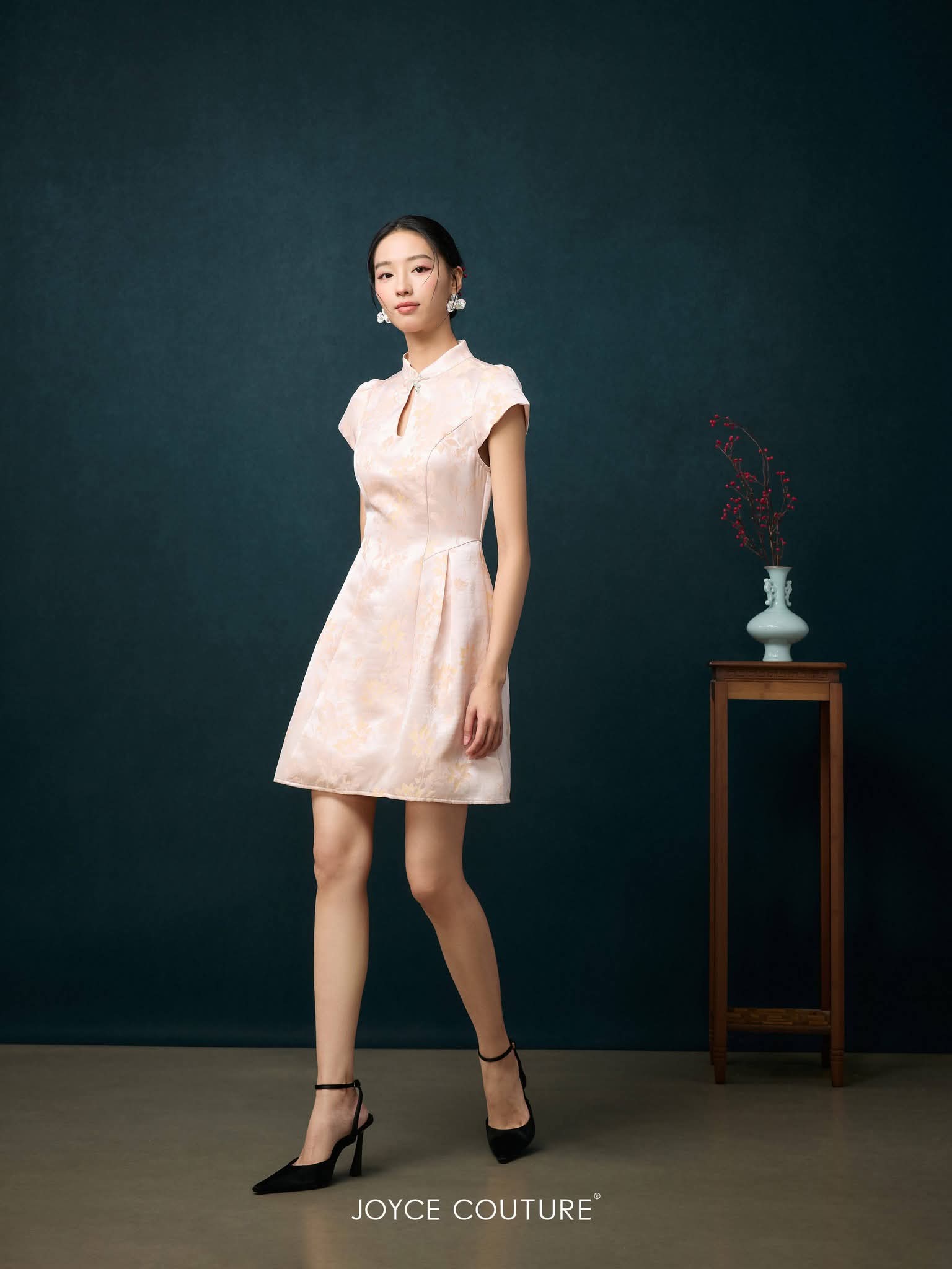 露背自带胸垫旗袍连身裙 D0364