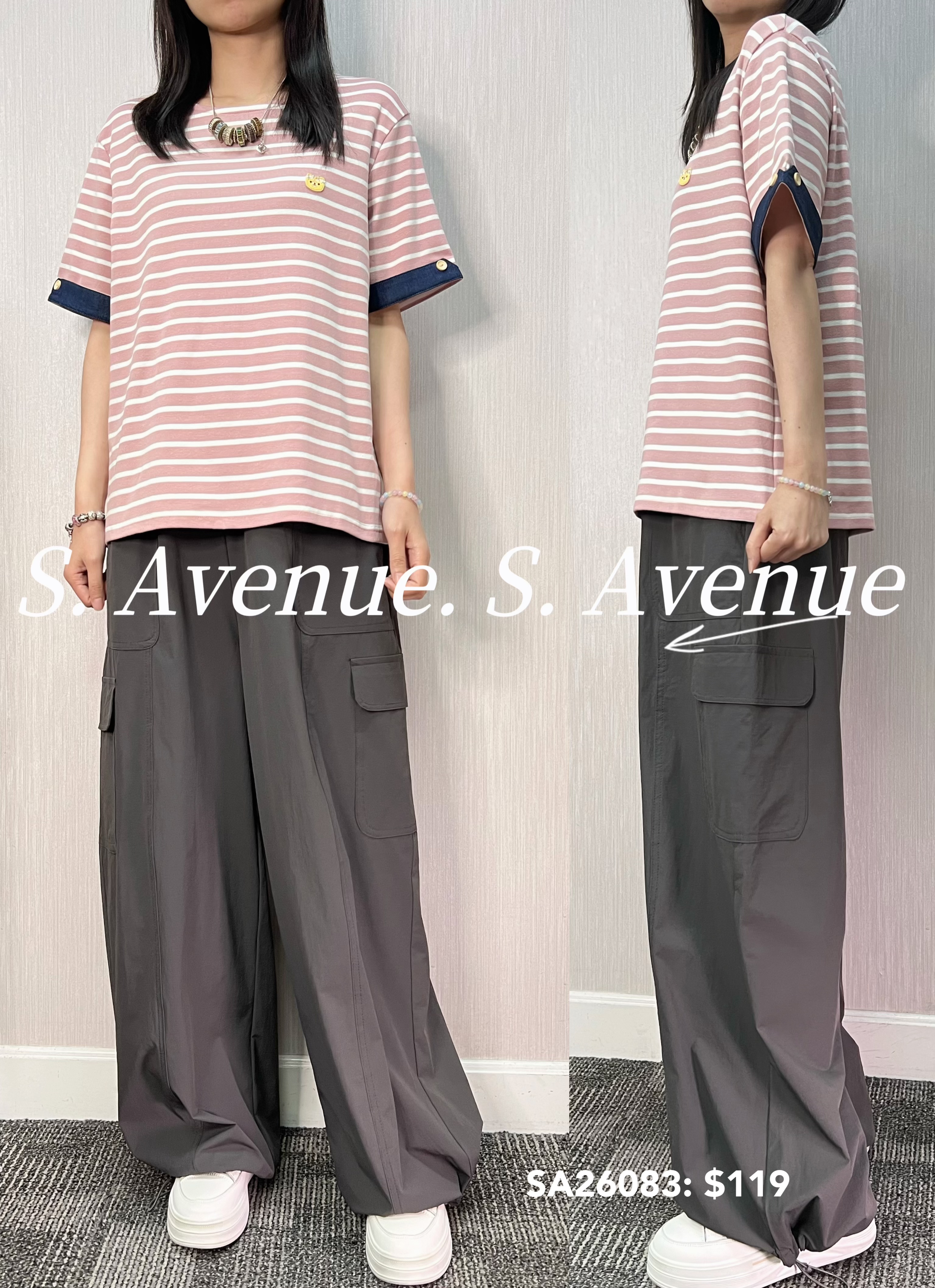 SA26083: 短袖反袖邊間條tee