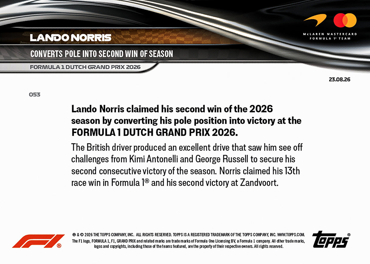 Lando Norris - 2026 F1 Topps NOW® #53 Dutch GP 贏車卡【團購】