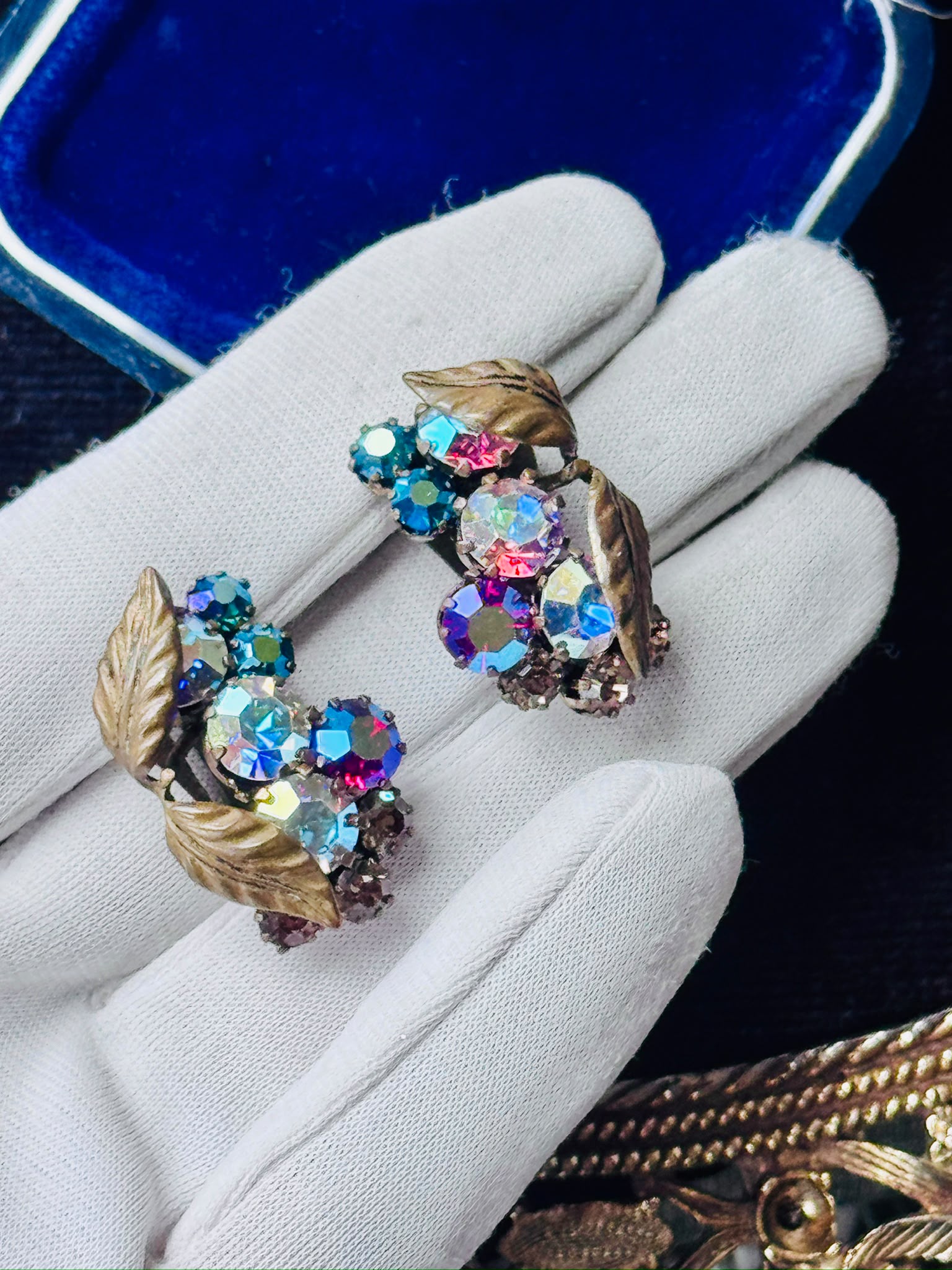 C.a. 1950s European Colourful Aurora Borealis Leafy Clip Earrings(MT2589-33)