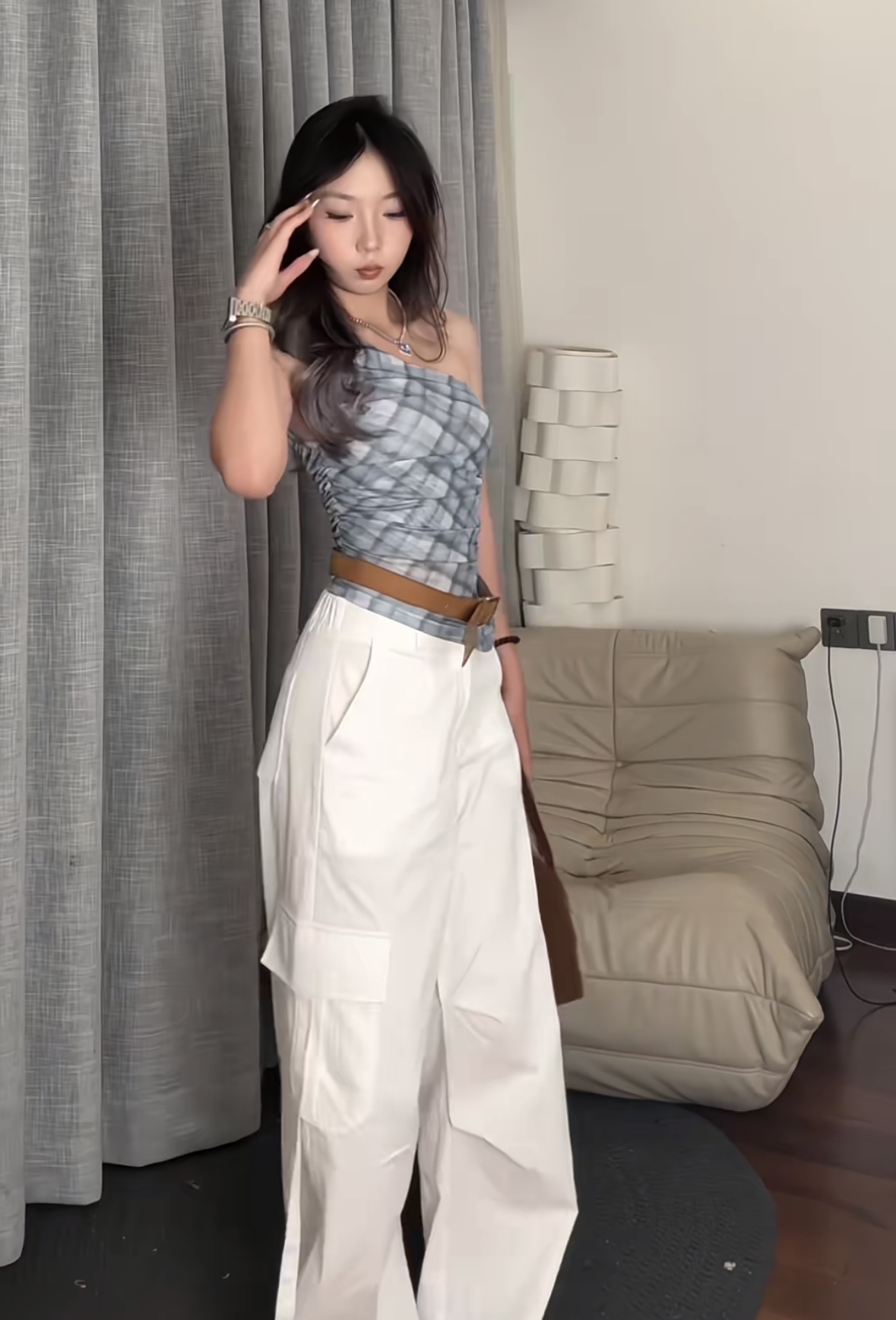 TP412蓝格斜肩上衣